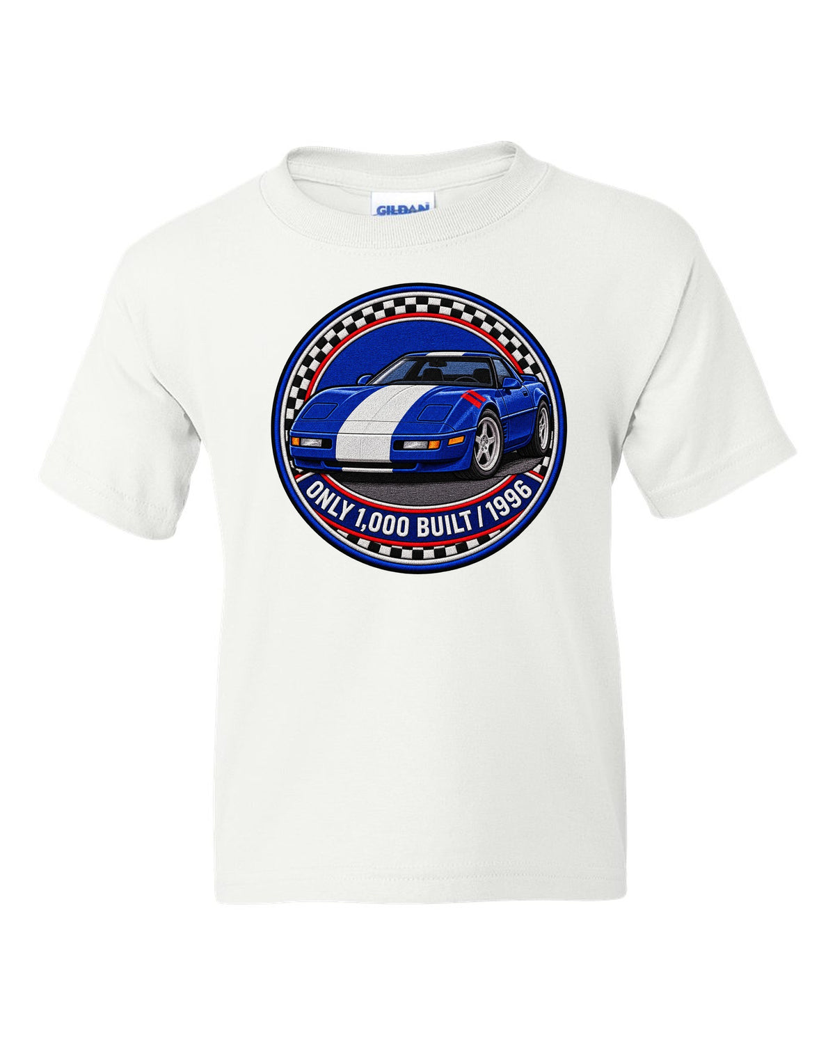 Embroidery style varsity crest print of a 1996 Chevrolet Corvette C4 Grand Sport with Only 1,000 Built text white kids tee front view with the design