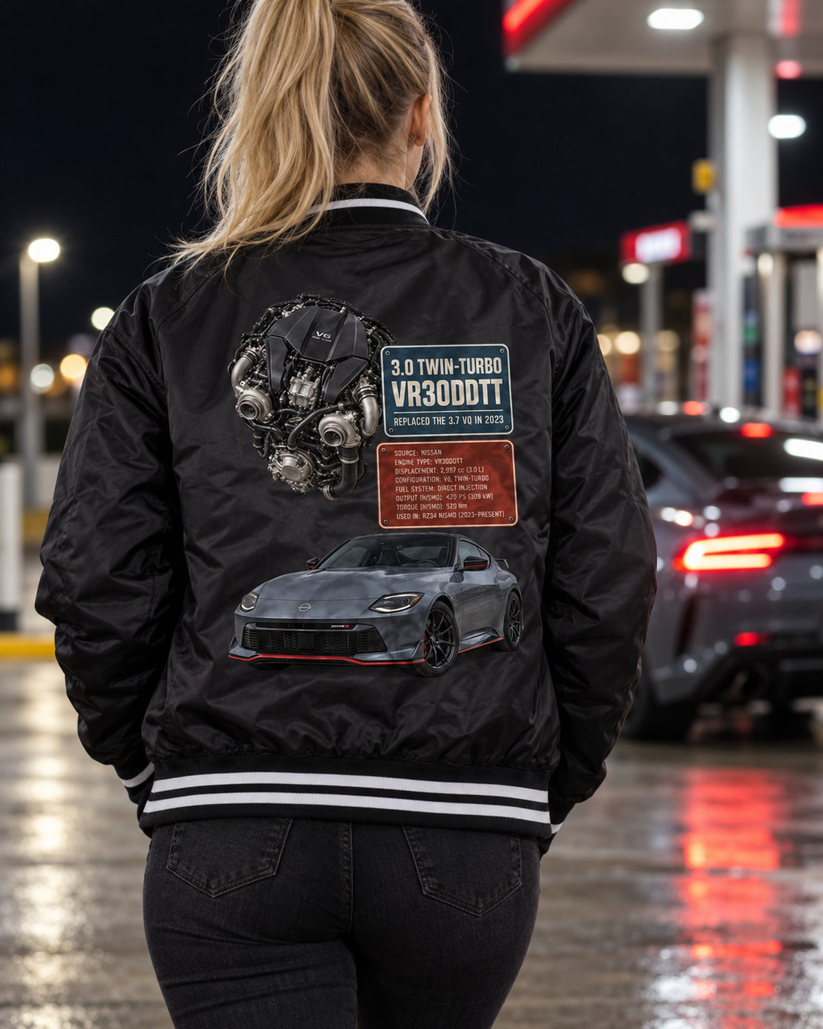 Nissan Z RZ34 Manual Three-View Shirt, Six-Speed Tee Bomber Jacket Black worn hero