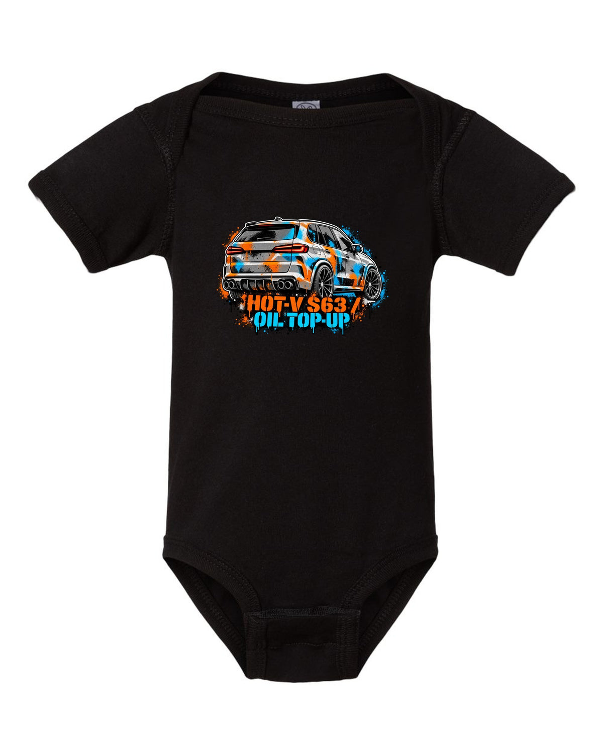 Varsity crest print of a BMW i8 I12 with silent electric range lettering black baby onesie front view with the design