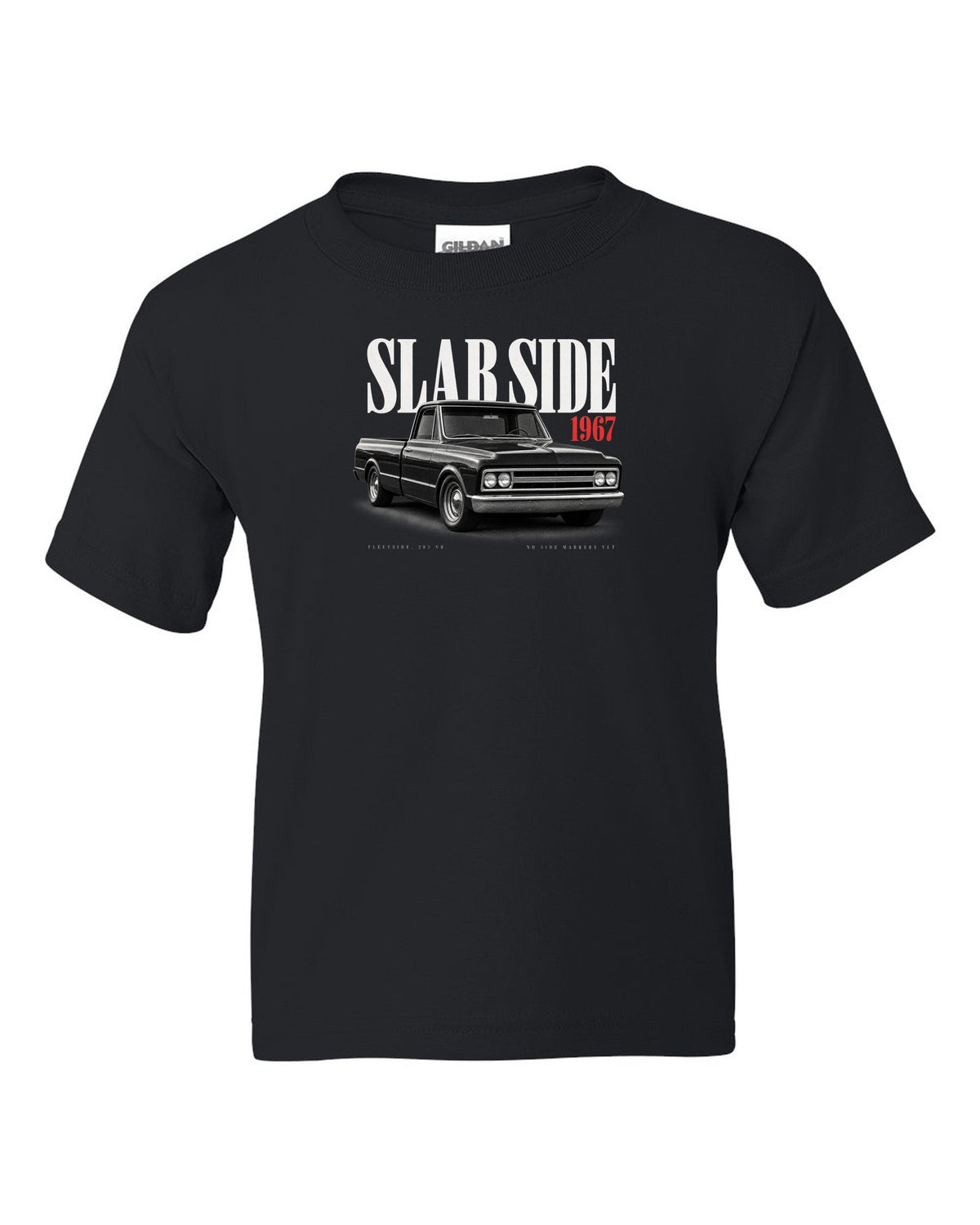Editorial print of a 1967-72 Chevrolet C10 Action Line Fleetside with 283 V8 text black kids tee front view with the design
