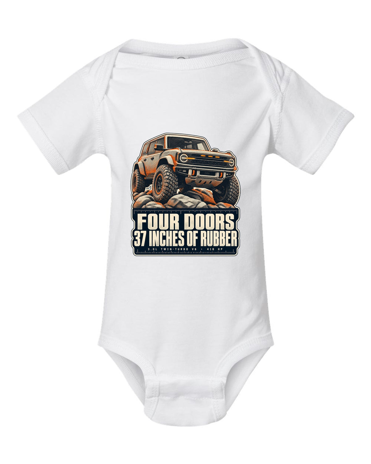 Ford Bronco Raptor halftone print with four doors 37 inches text white baby onesie front view with the design