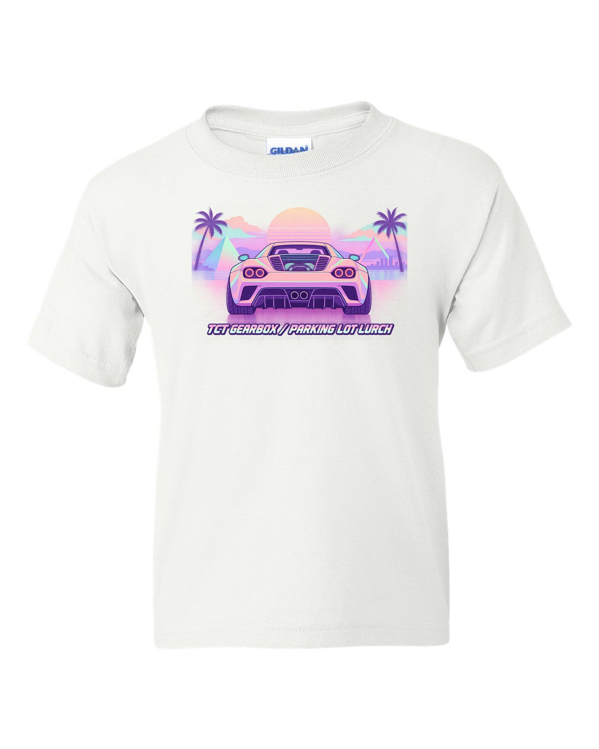 Vaporwave pastel illustration of an Alfa Romeo 4C with TCT gearbox parking lot lurch text white kids tee front view with the design