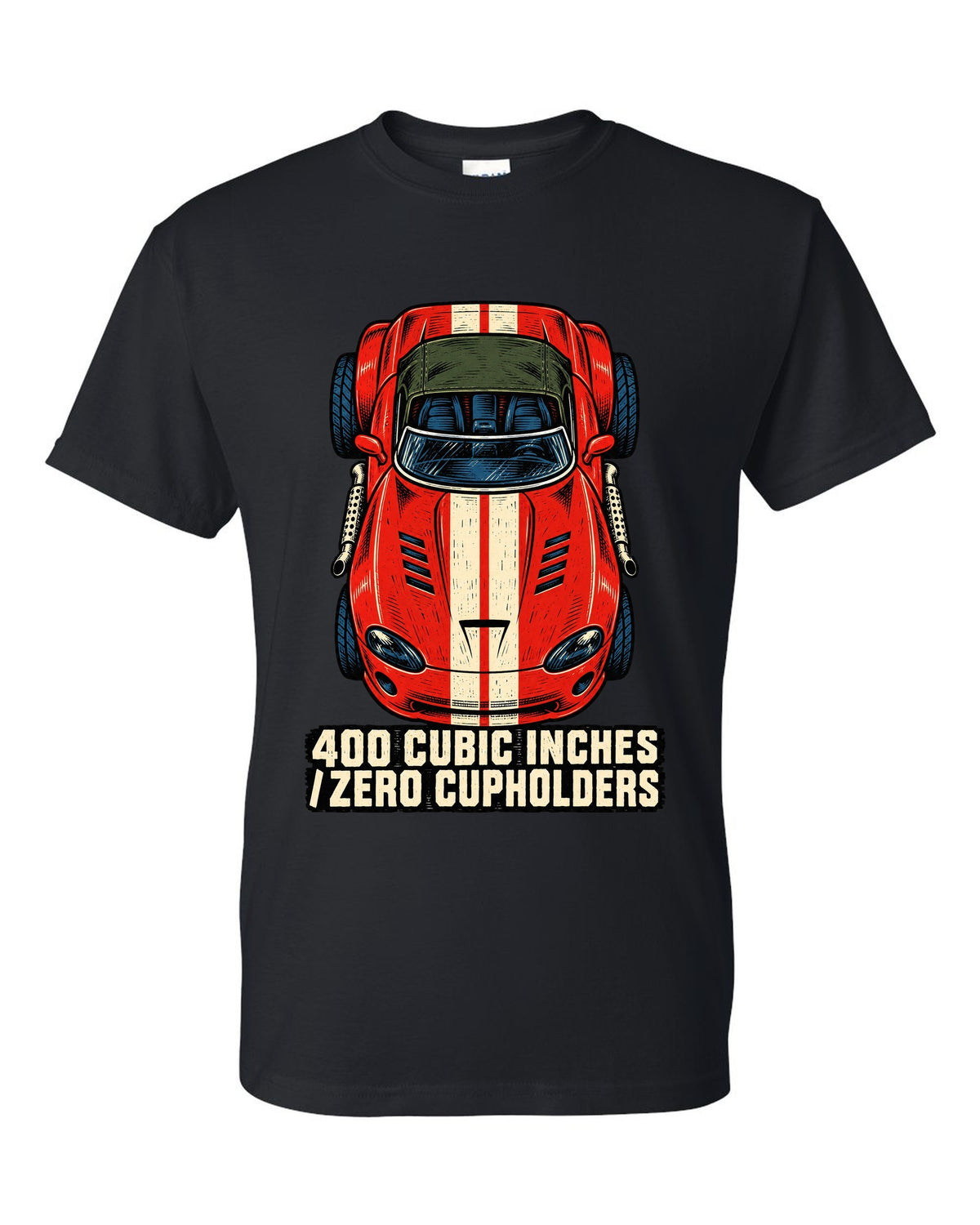 Four-ink linocut print of a 1993 Dodge Viper RT/10 with zero cupholders text black t-shirt front view with the design