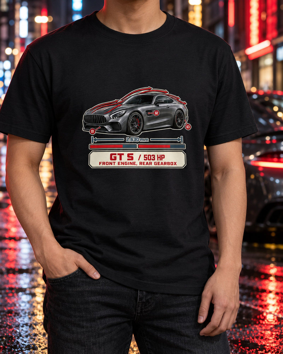 AMG GT S C190 Aero Callout Shirt, Front Engine Rear Gearbox T-Shirt Black worn hero