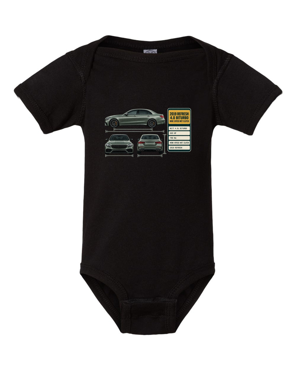 Spec poster print of a Mercedes-AMG C63 S W205 facelift sedan black baby onesie front view with the design