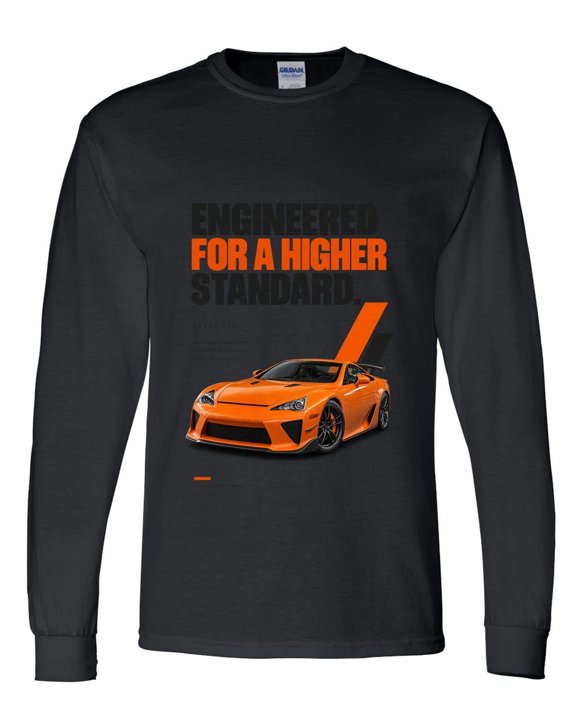 Magazine headline layout featuring the Lexus LFA and its digital tachometer black long sleeve front view with the design