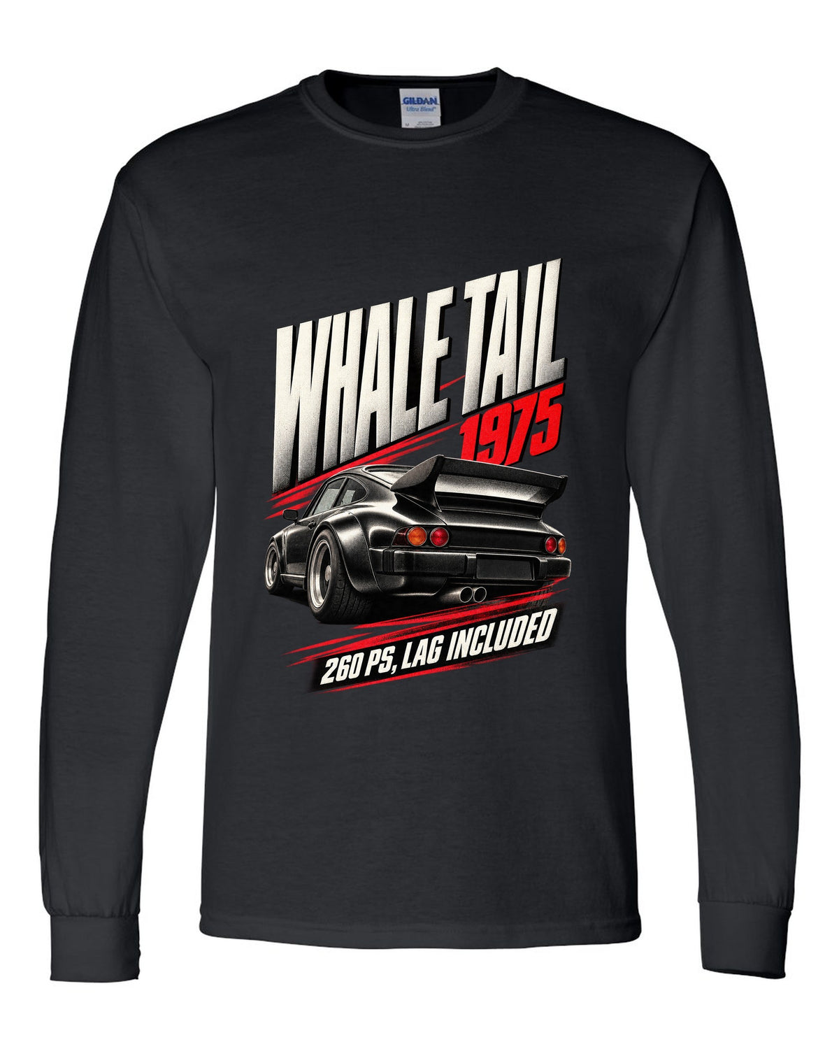 Race poster print of the 1975 Porsche 911 Turbo 3.0 (930) with whale tail and 260 PS text black long sleeve front view with the design