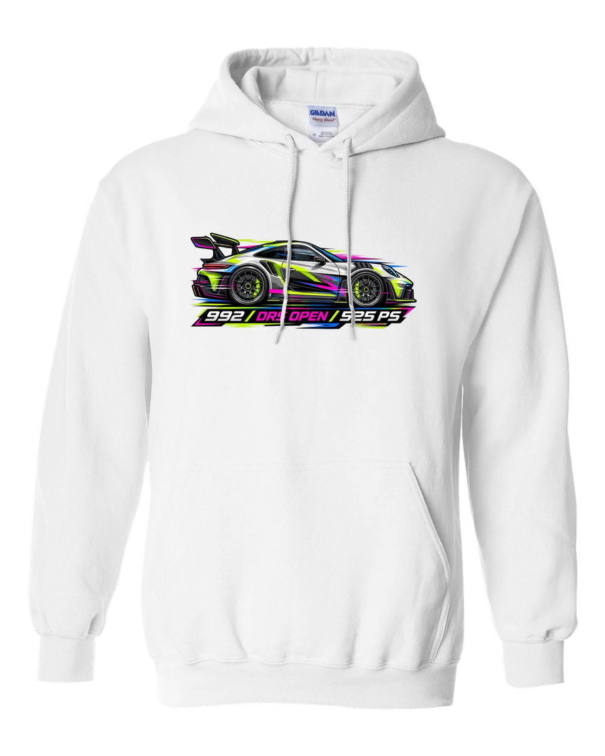 Cyberpunk neon vector artwork of a Porsche 911 GT3 RS 992 with DRS open white pull over hoodie front view with the design