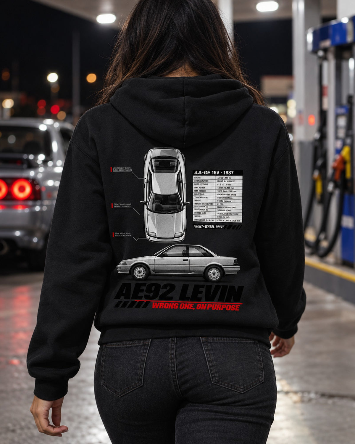 Toyota Corolla Levin AE92 Front-Drive Spec Poster Shirt, 4A-GE Zip Hoodie Black worn hero