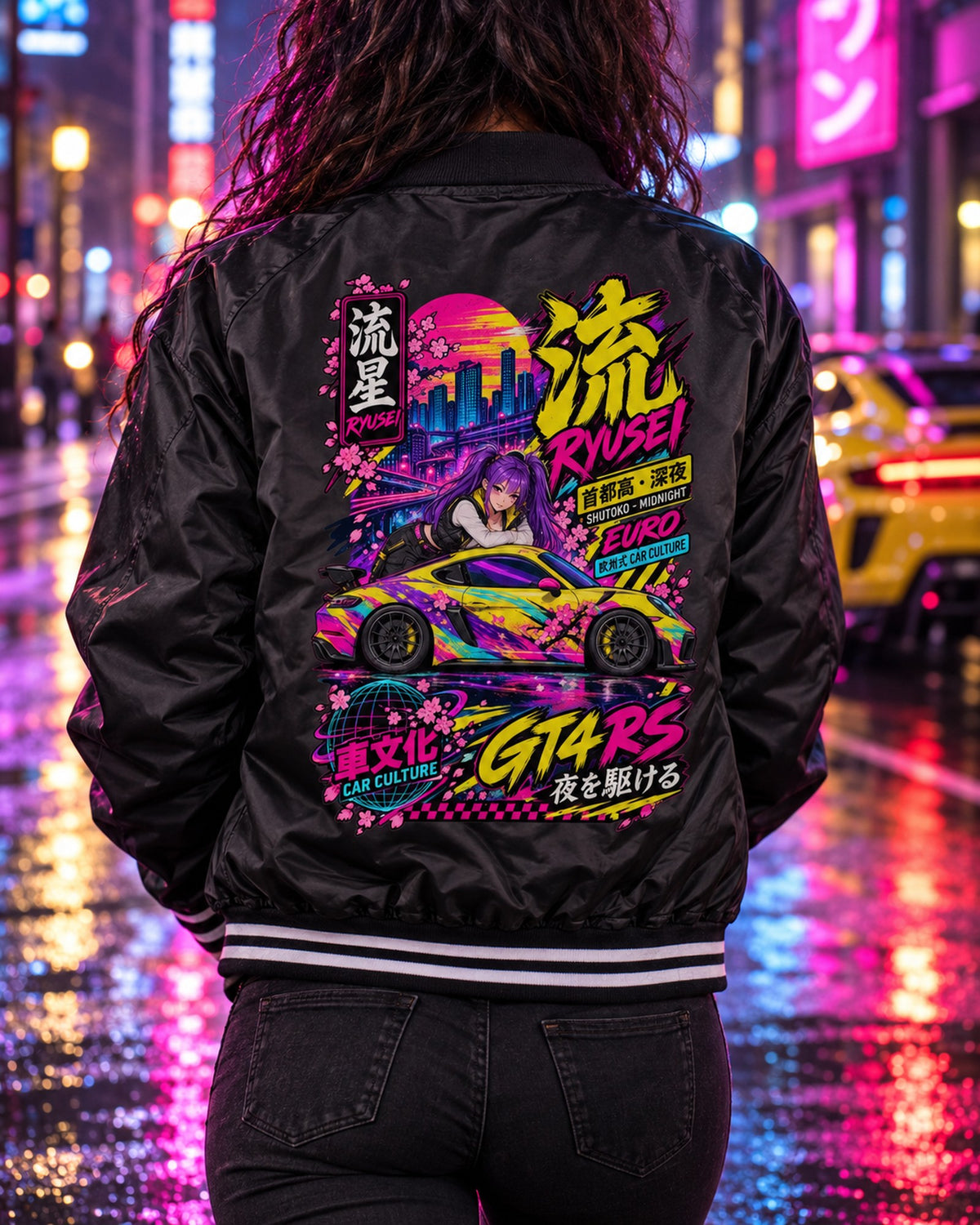RYUSEI GT4 RS Anime Girl Full-Back Graphic Tee Bomber Jacket Black worn hero