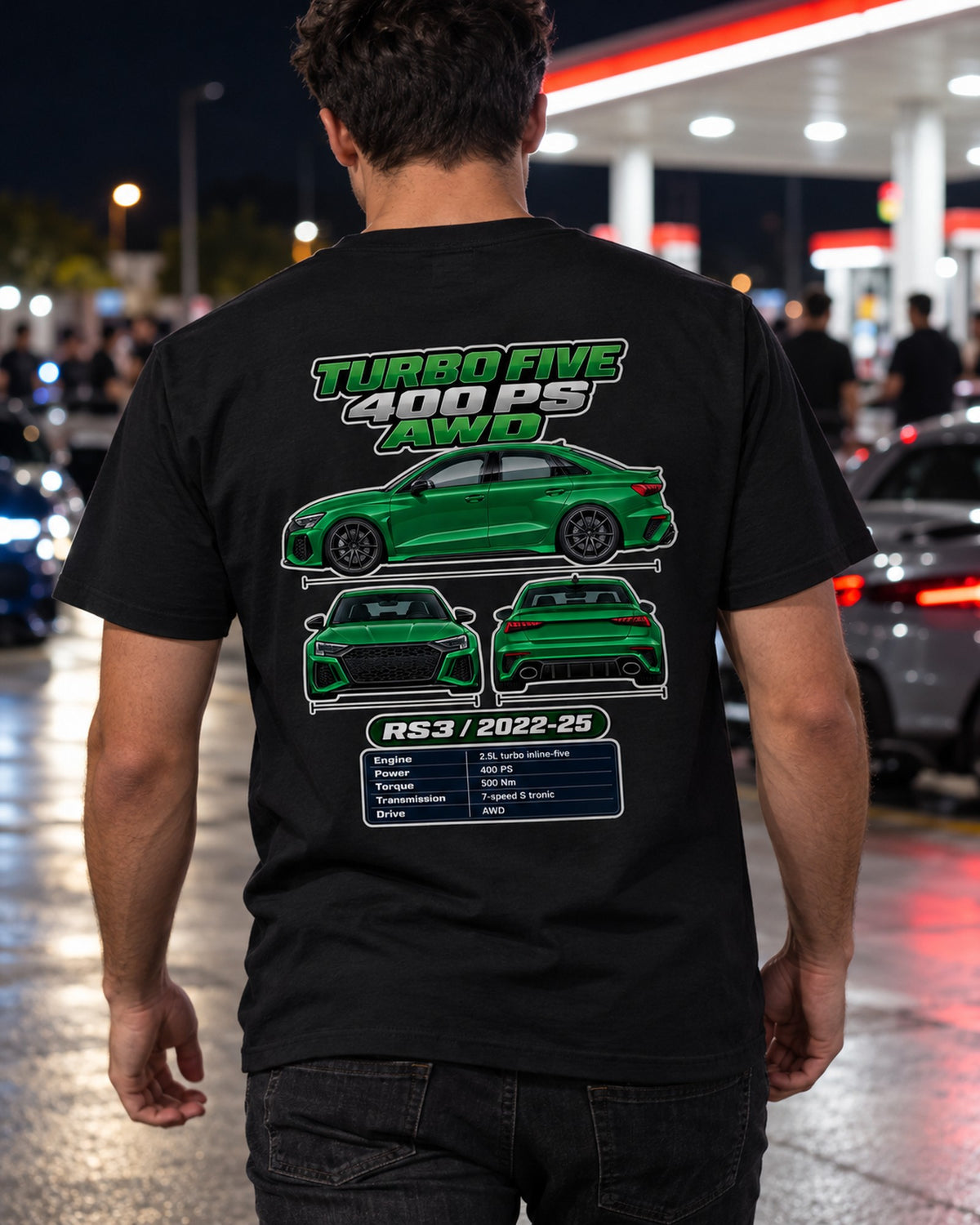 Audi Rs3 Sedan 8Y Spec Sheet Full-Back Graphic Tee T-Shirt Black worn hero