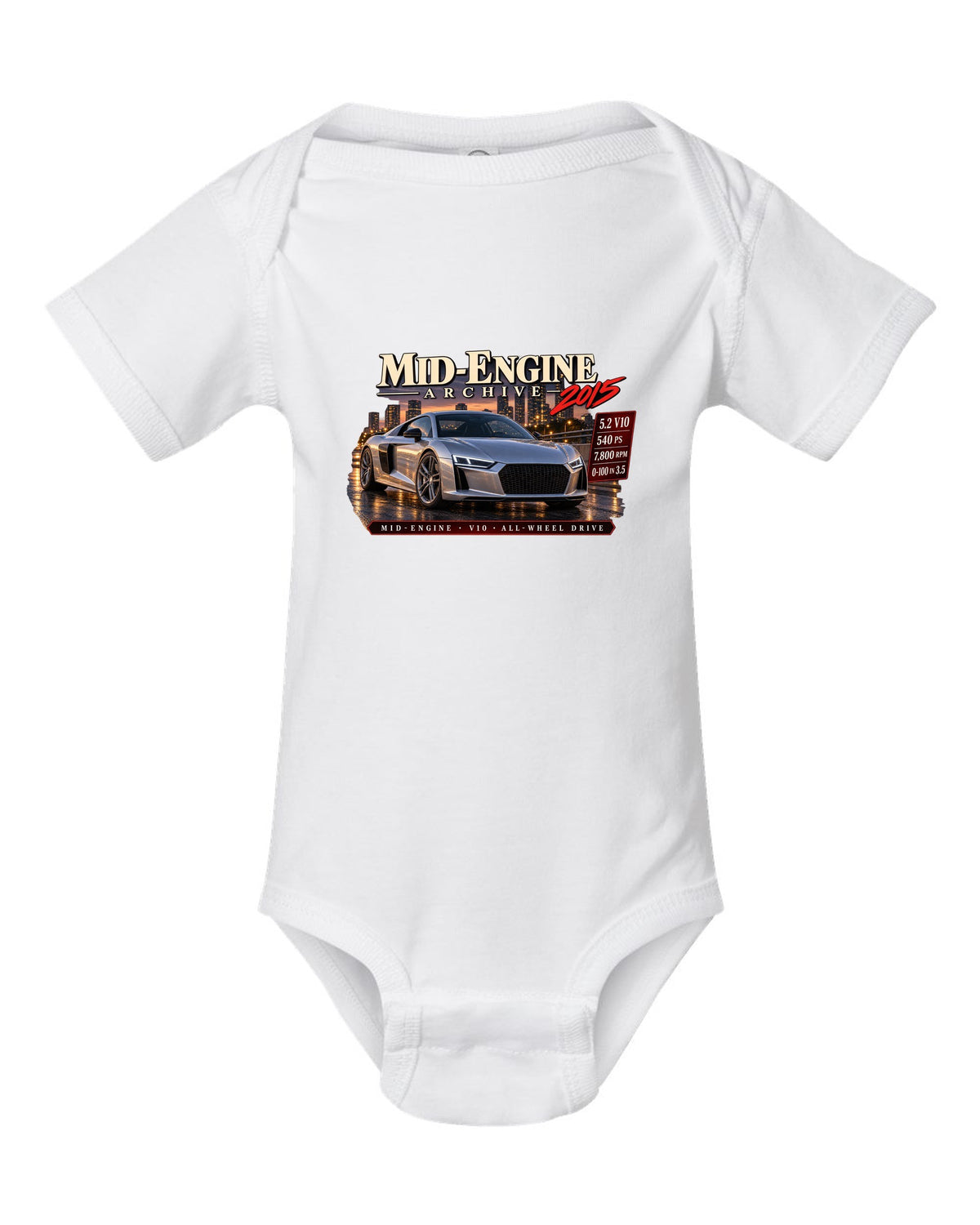 Audi R8 Type 4S V10 front three-quarter in archive panel with 540 PS text white baby onesie front view with the design