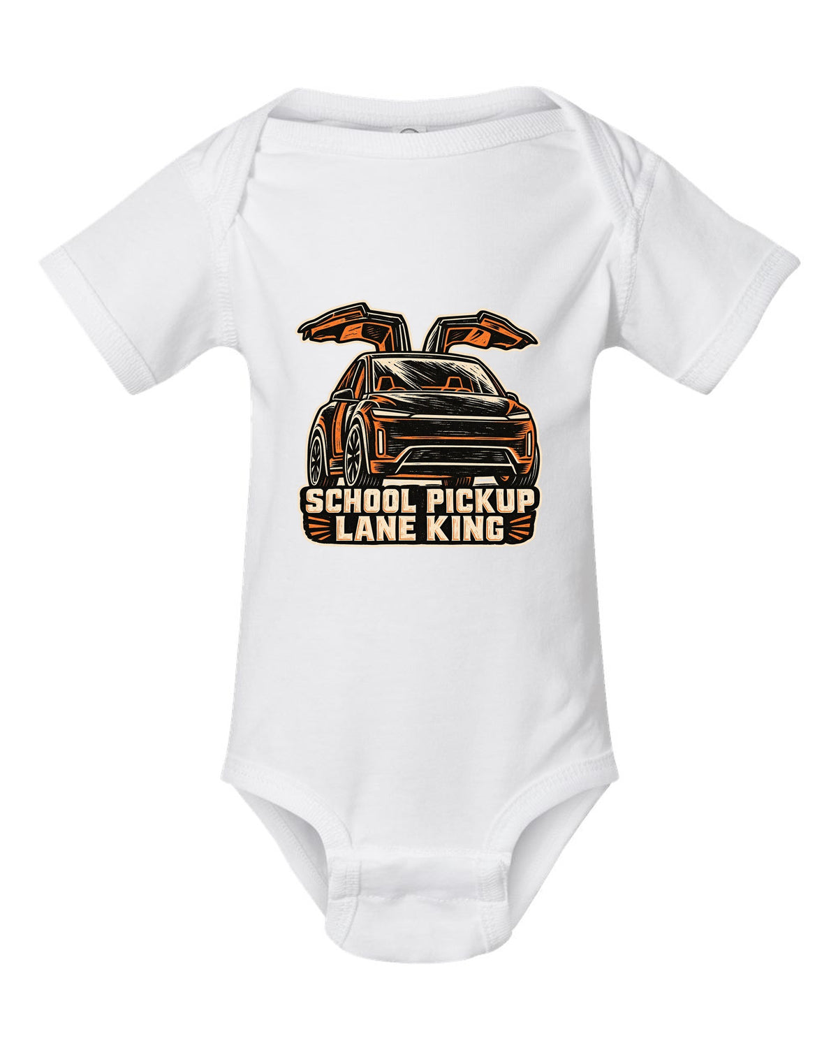 Chunky linocut woodblock print of a Tesla Model X reading School Pickup Lane King white baby onesie front view with the design