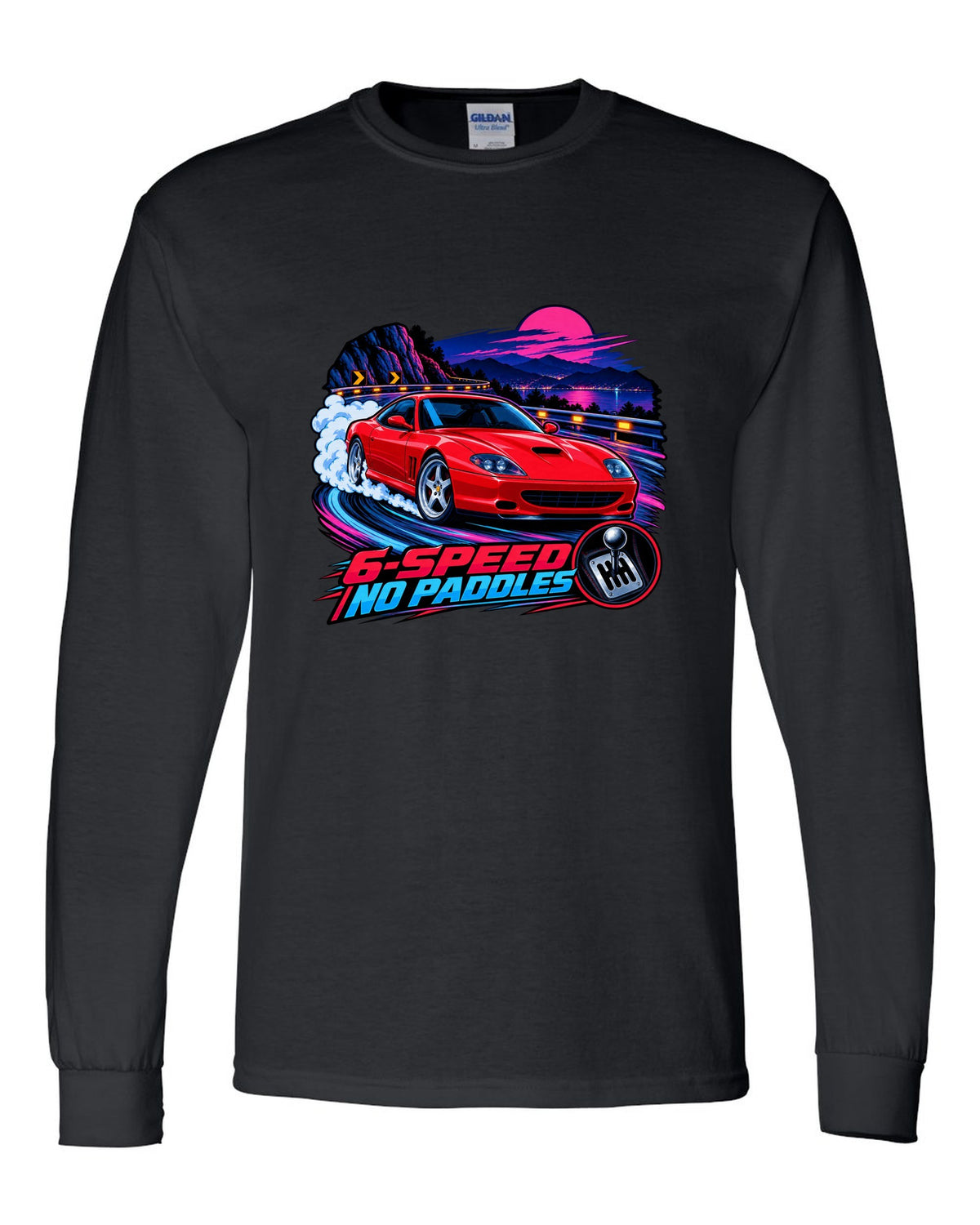 Cel-shaded anime night touge print of a Ferrari 550 Maranello with 6-Speed No Paddles lettering black long sleeve front view with the design