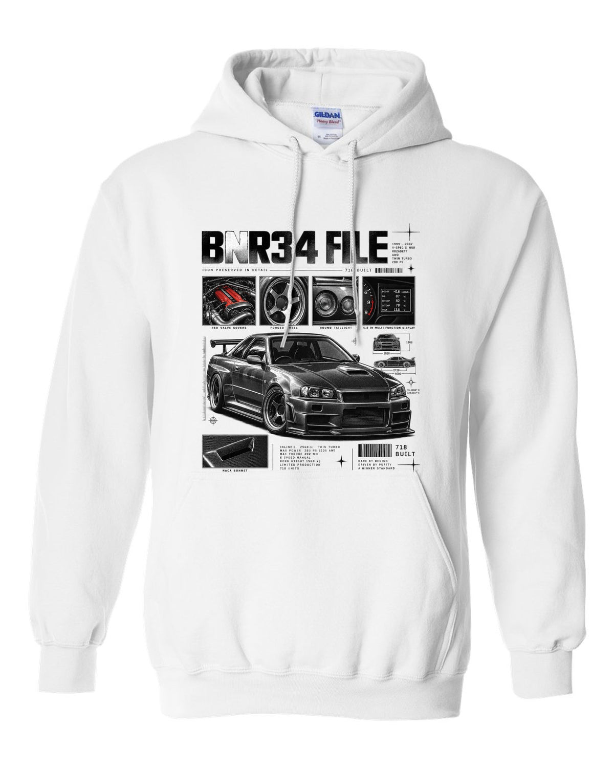 Dossier panel print of a Nissan Skyline GT-R R34 V-Spec II Nur with 718 built text white pull over hoodie front view with the design