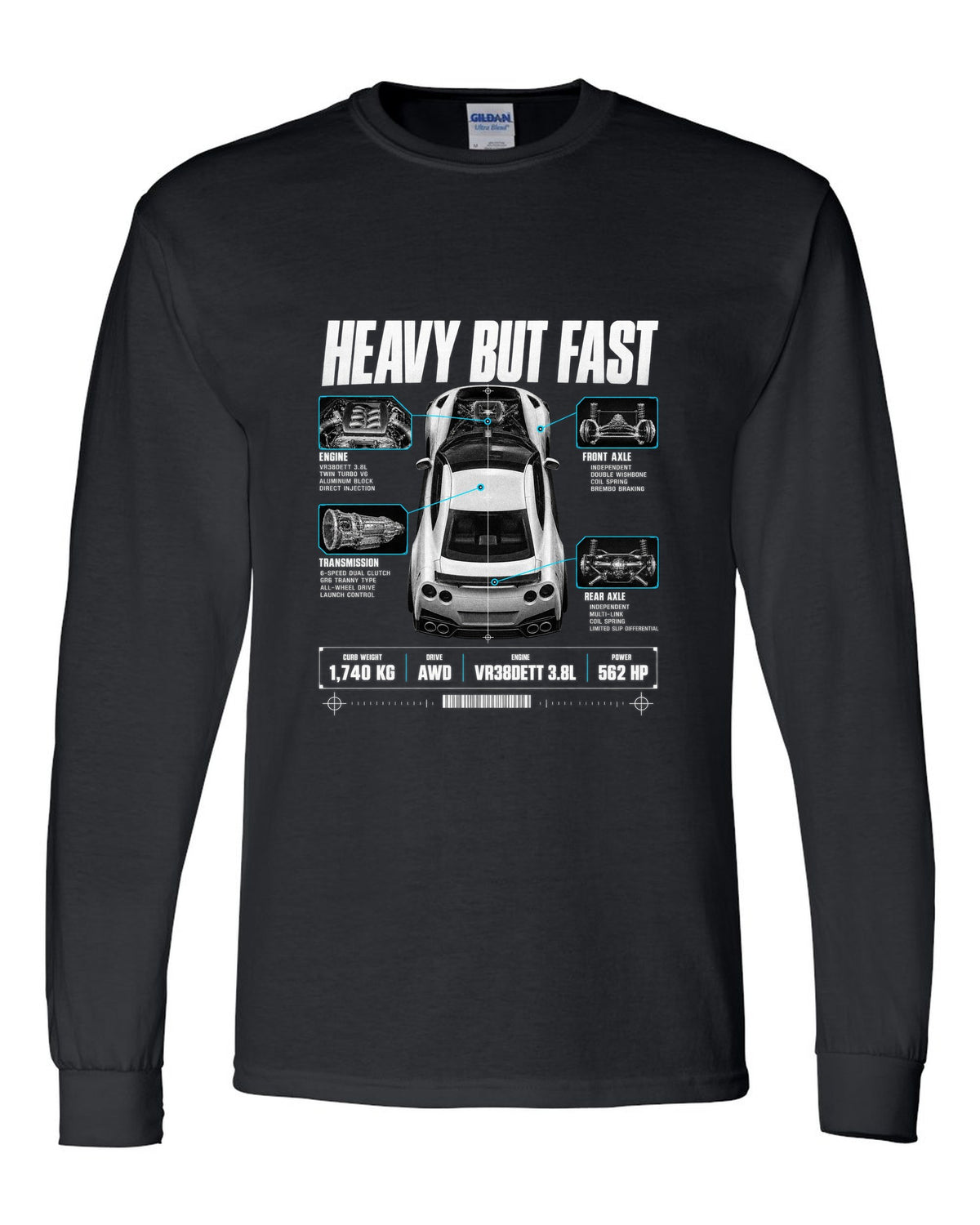 Top-down and profile spec poster of a Nissan GT-R R35 with 1,740 kg curb weight and VR38DETT lettering black long sleeve front view with the design