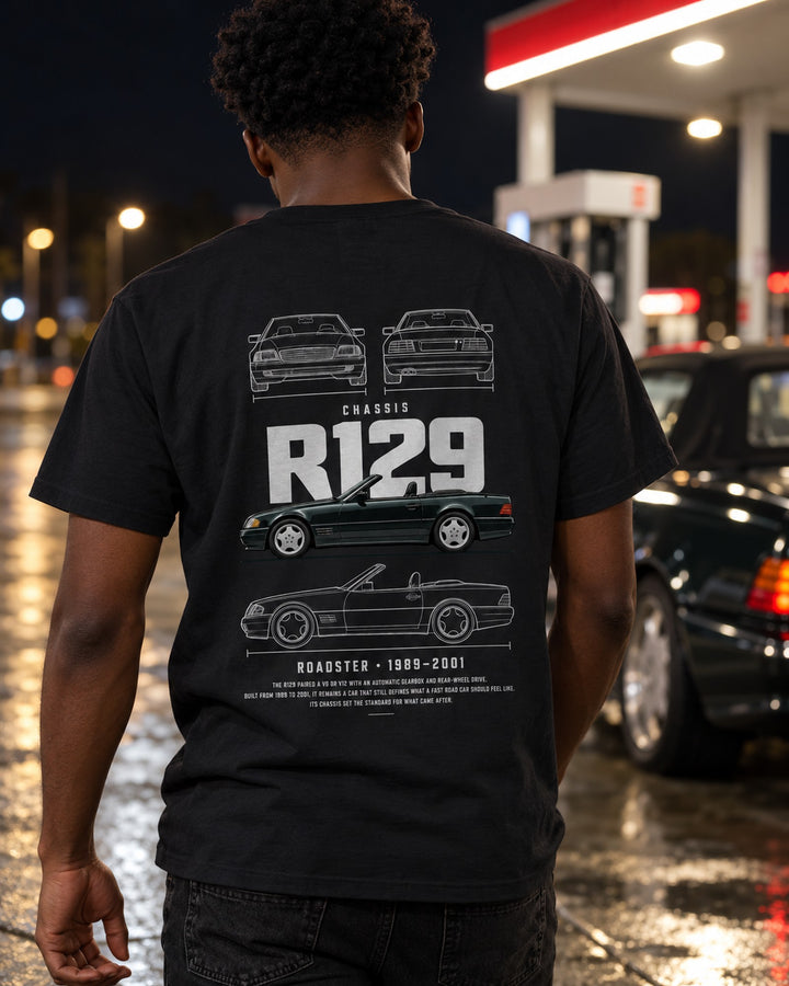 Mercedes R129 SL roadster Blueprint Full-Back Graphic Tee, R129 Chassis Code T-Shirt Black worn hero