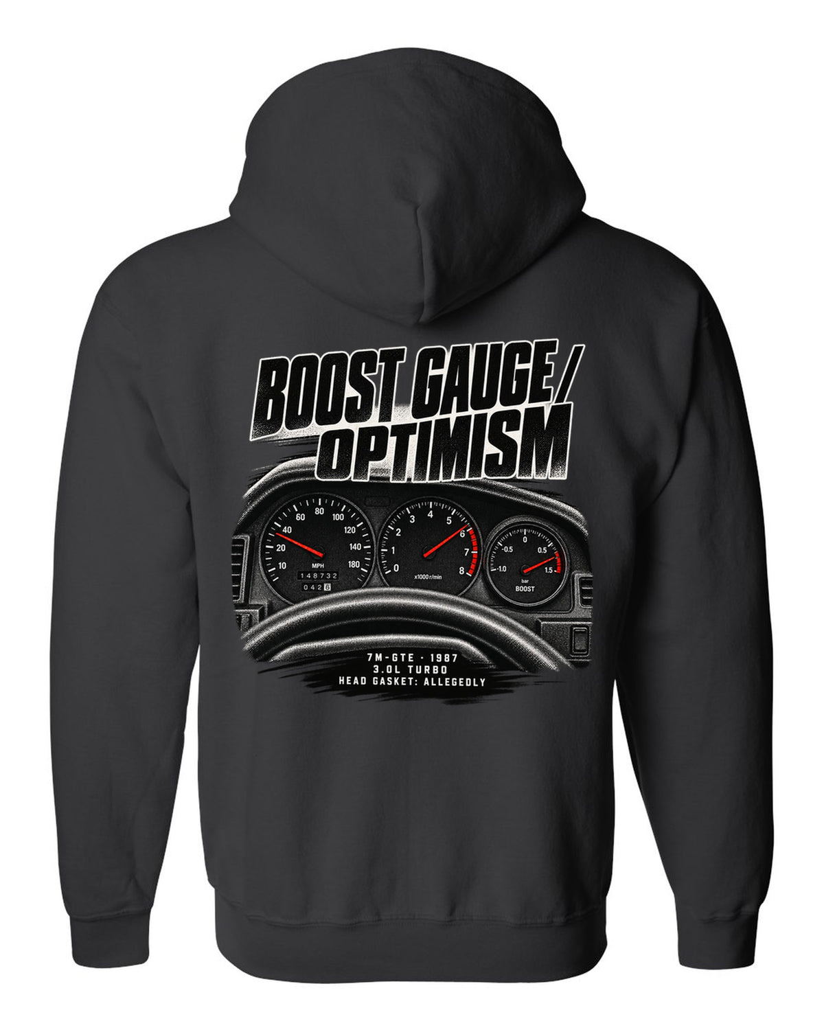 Cockpit gauge print for a Toyota Supra A70 MA70 with the text Boost Gauge Optimism 7M-GTE 1987 black zip hoodie back view with the design