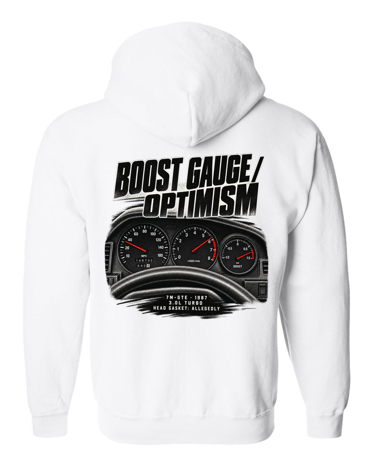 Cockpit gauge print for a Toyota Supra A70 MA70 with the text Boost Gauge Optimism 7M-GTE 1987 white zip hoodie back view with the design
