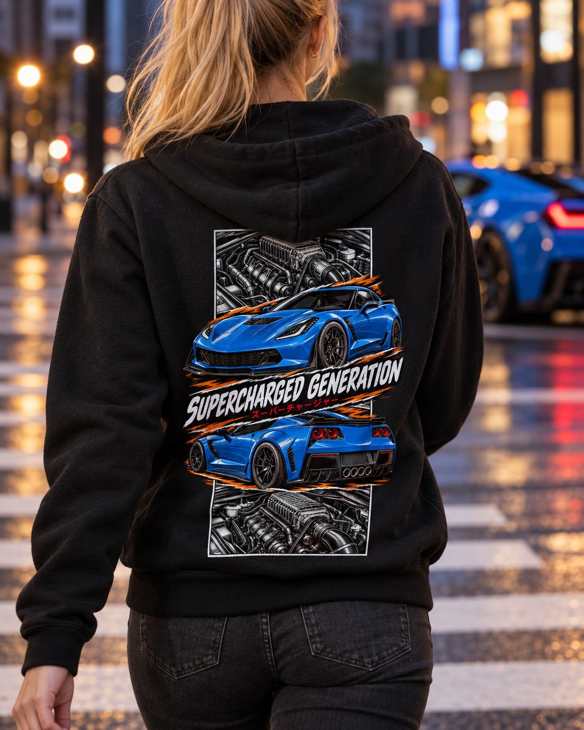 Corvette C7 Z06 Torn Poster Full-Back Graphic Tee Zip Hoodie Black worn hero