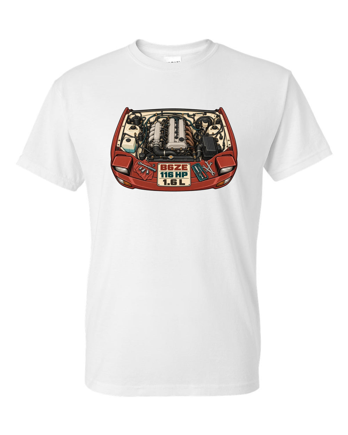 Parts-catalogue illustration of the Mazda MX-5 NA engine bay with B6ZE / 116 HP / 1.6 L lettering white t-shirt front view with the design
