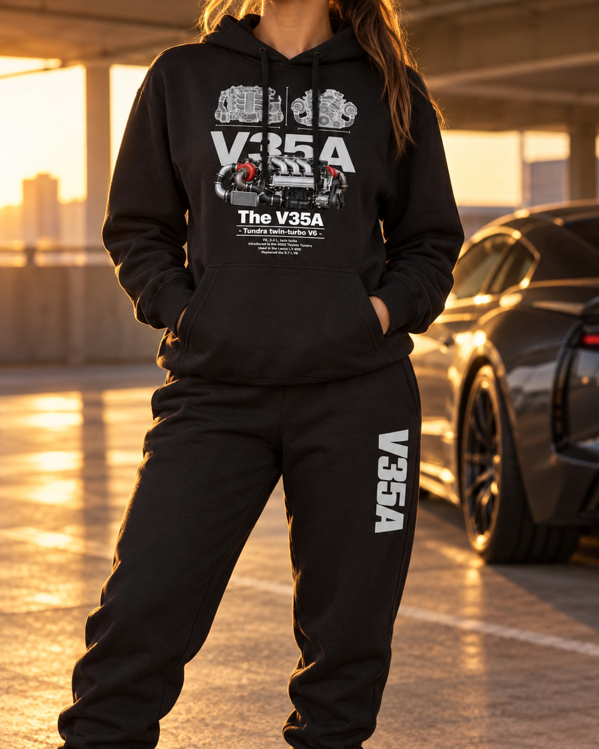 Toyota V35A FTS Engine Hoodie + Jogger Set Black worn hero