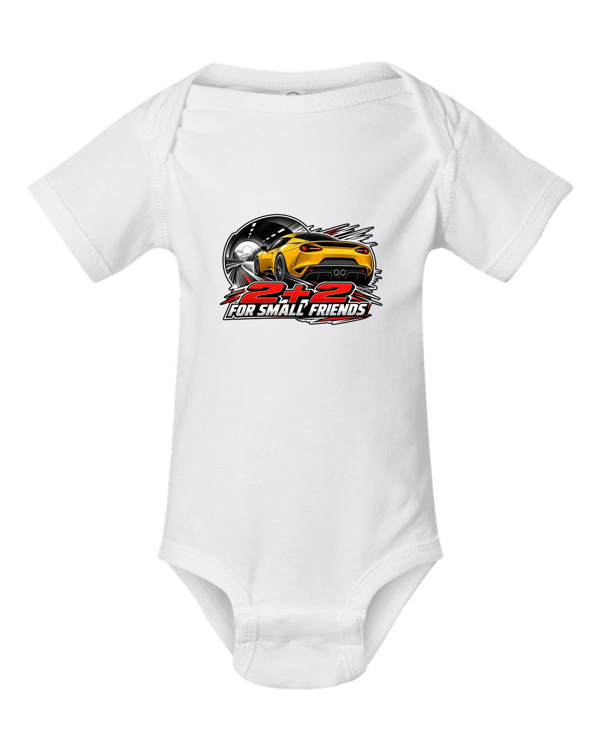 Lotus Evora rear view in retro manga halftone with 2+2 FOR SMALL FRIENDS lettering white baby onesie front view with the design