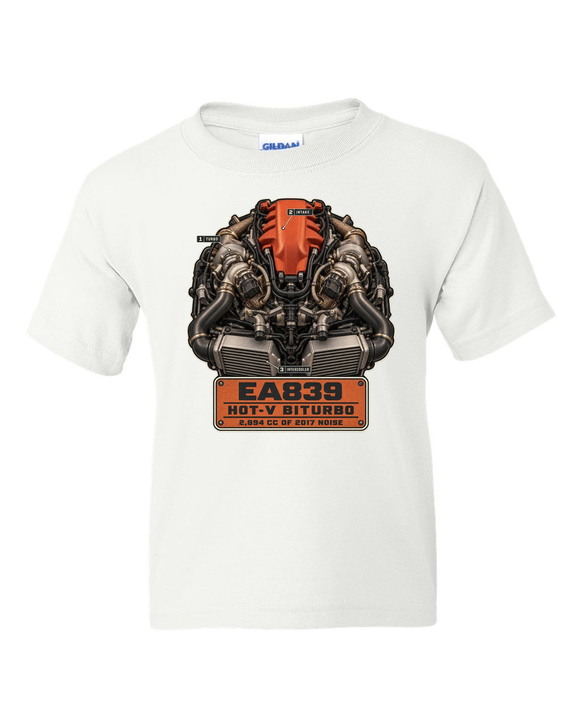 Engine hero poster of the Audi RS5 B9 EA839 hot-V biturbo white kids tee front view with the design