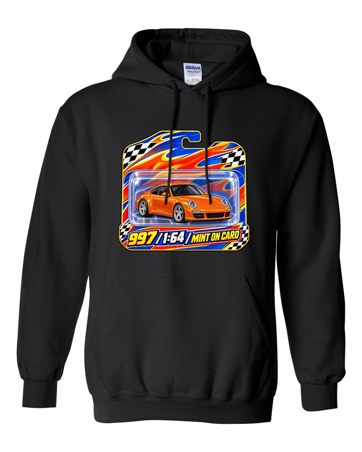 Sticker-bomb collage print of a Porsche 911 996 Carrera with the text 996 IMS never heard of it black pull over hoodie front view with the design
