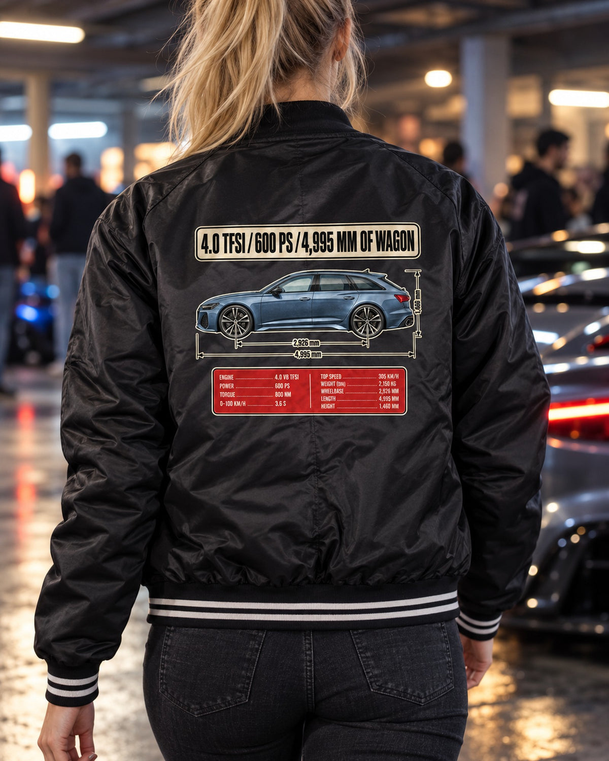 Audi RS6 Avant C8 Blueprint Profile Shirt, 4.0 TFSI Bomber Jacket Black worn hero