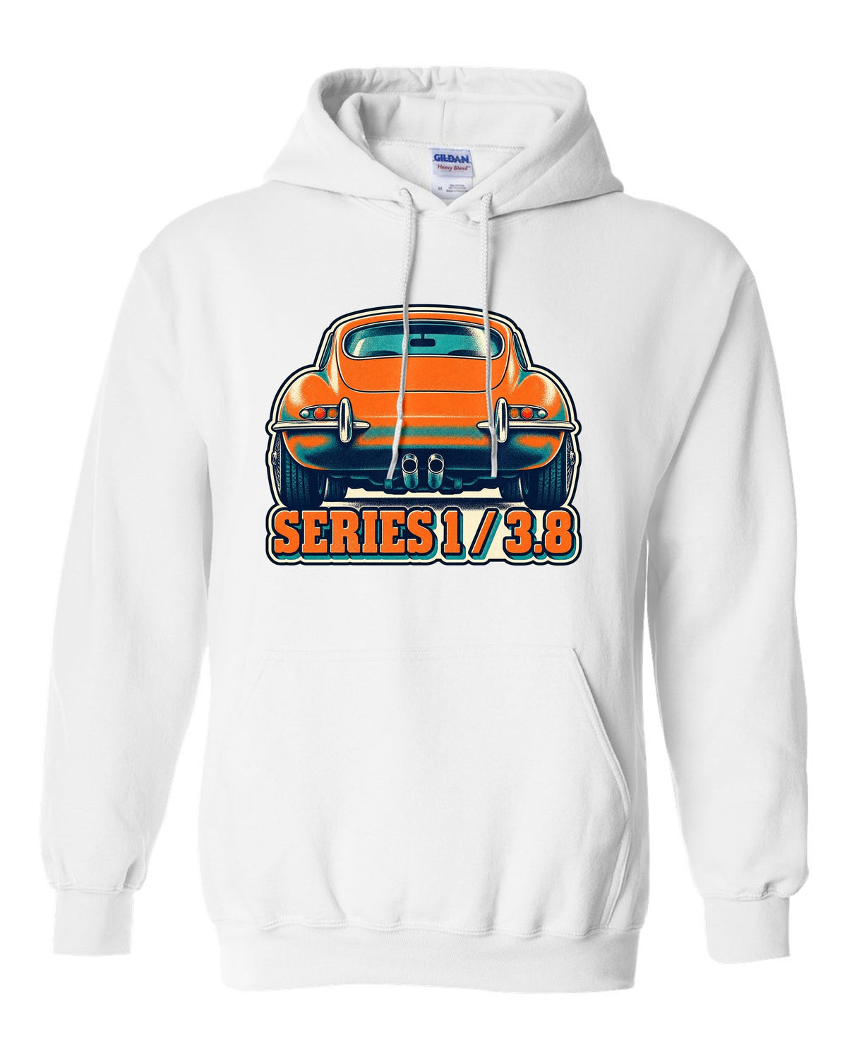 Risograph-style print of a Jaguar E-Type Series 1 taillight with Series 1 and 3.8 lettering white pull over hoodie front view with the design