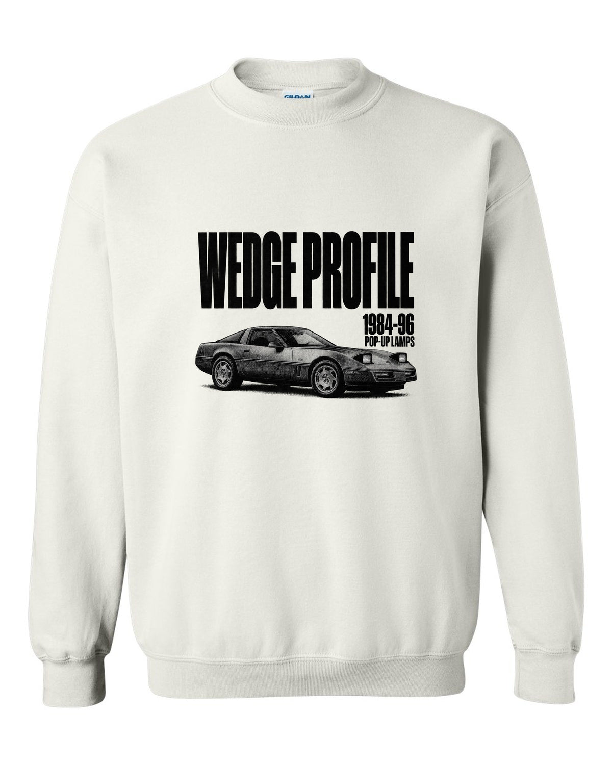 Chevrolet Corvette C4 1989 coupe wedge profile halftone print white crewneck front view with the design