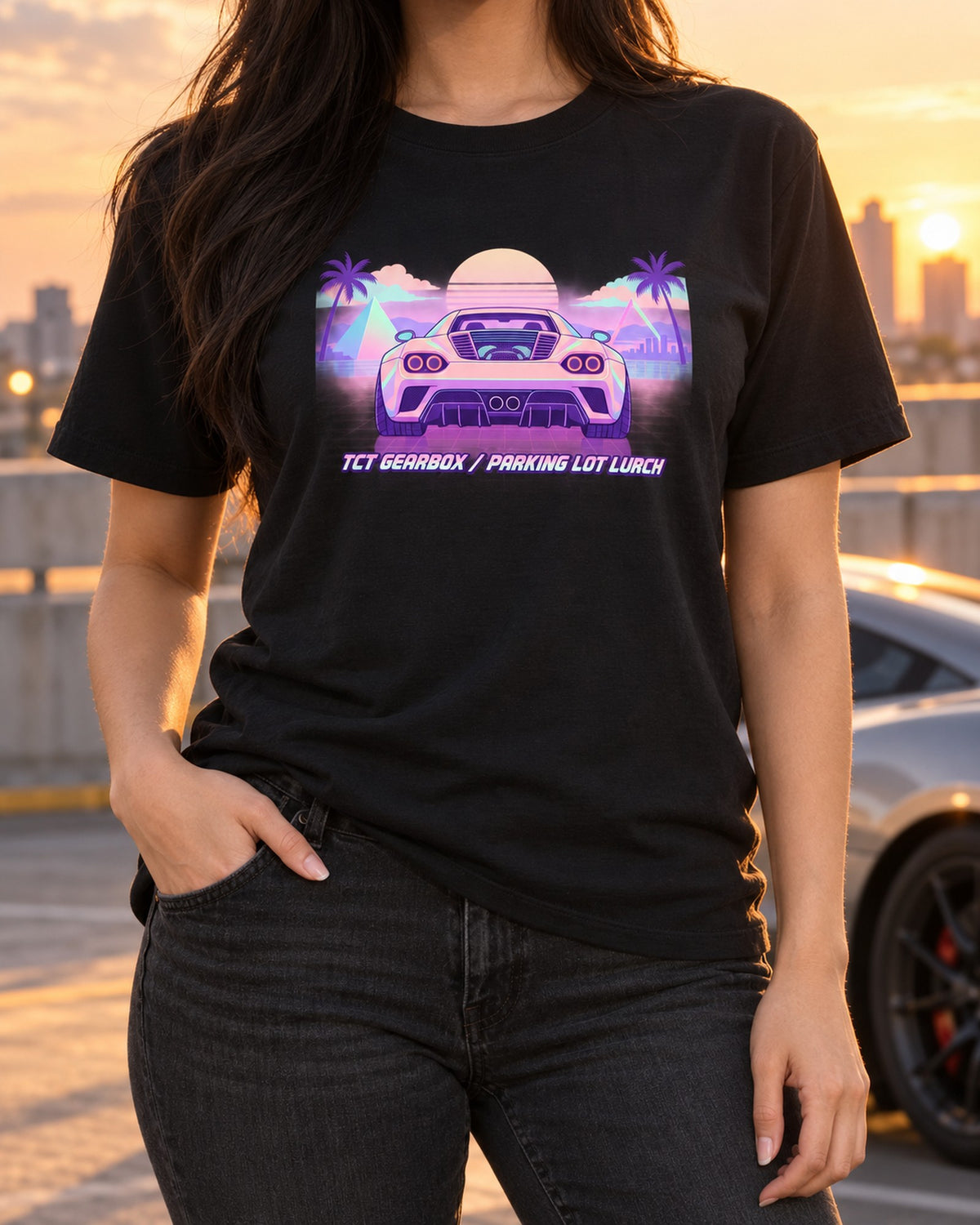Alfa Romeo 4C Vaporwave Pastel Tee, TCT Parking Lot Lurch T-Shirt Black worn hero