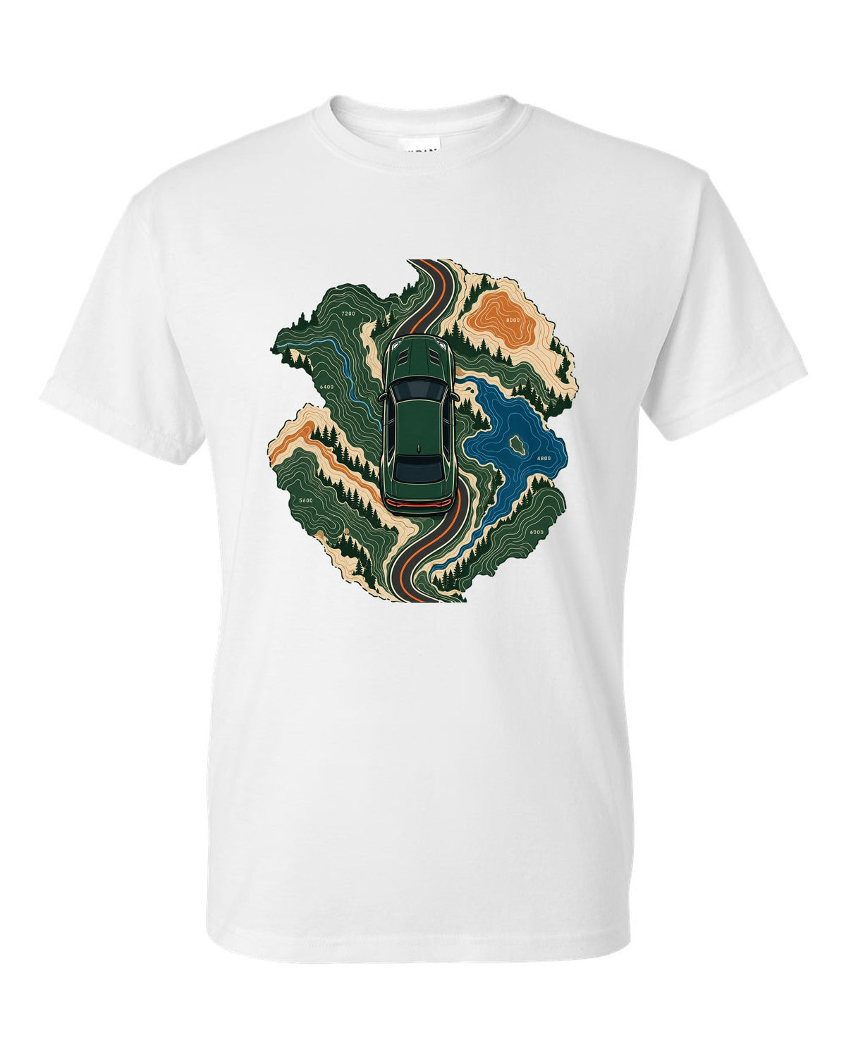 Topographic route map design with a 2019 Dodge Charger Scat Pack and 392 HEMI caption white t-shirt front view with the design