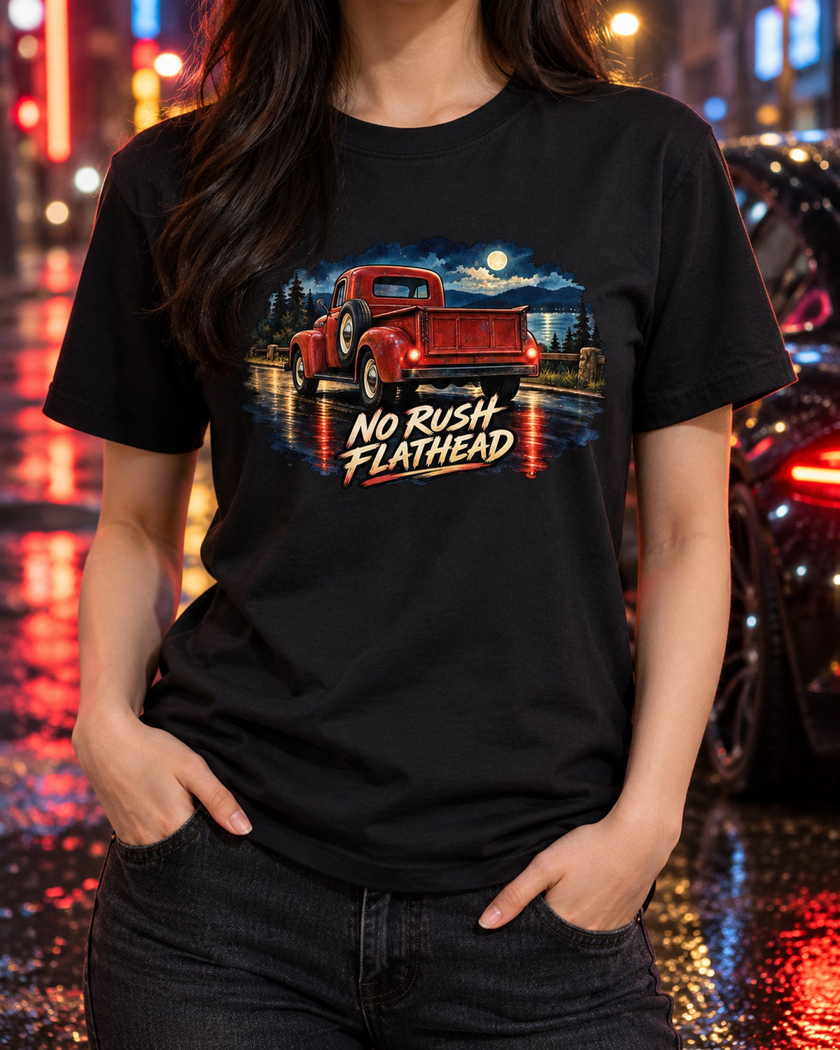 Old Red Dodge Power Wagon WM300 Wet Road Watercolour Tee T-Shirt Black worn hero
