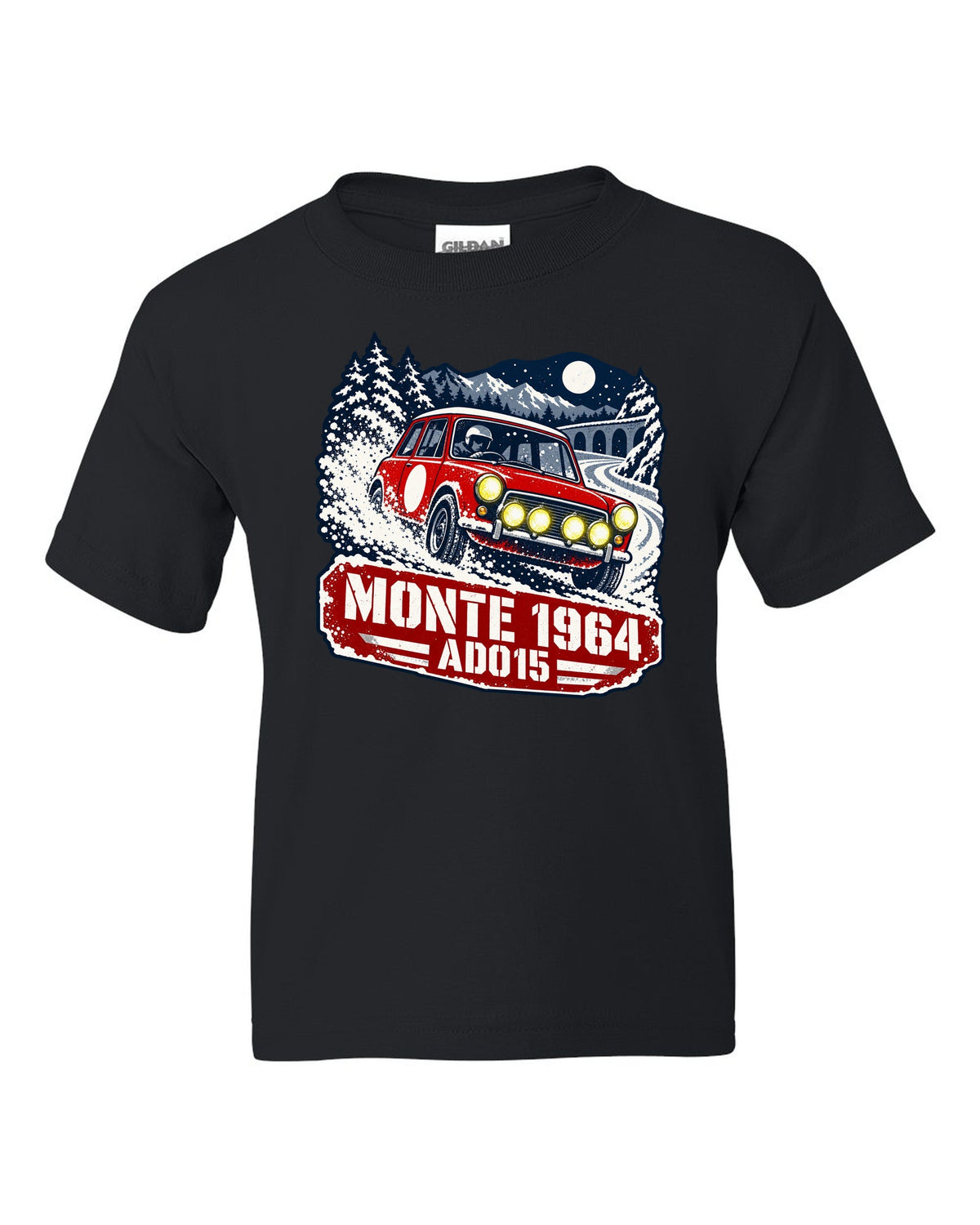 Stencil rally poster print of a Classic Mini Cooper S ADO15 on a night stage for Monte 1964 black kids tee front view with the design