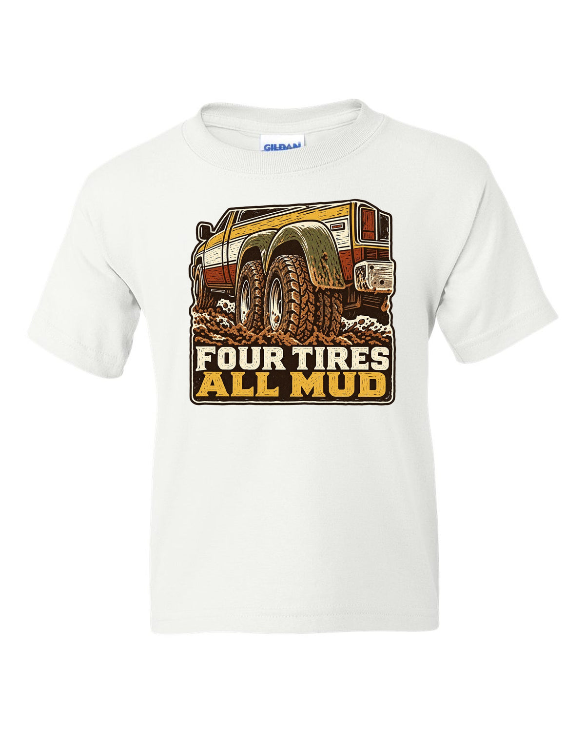 Linocut print of a 1994-1998 Dodge Ram 2nd gen dually in mud with four tires all mud text white kids tee front view with the design