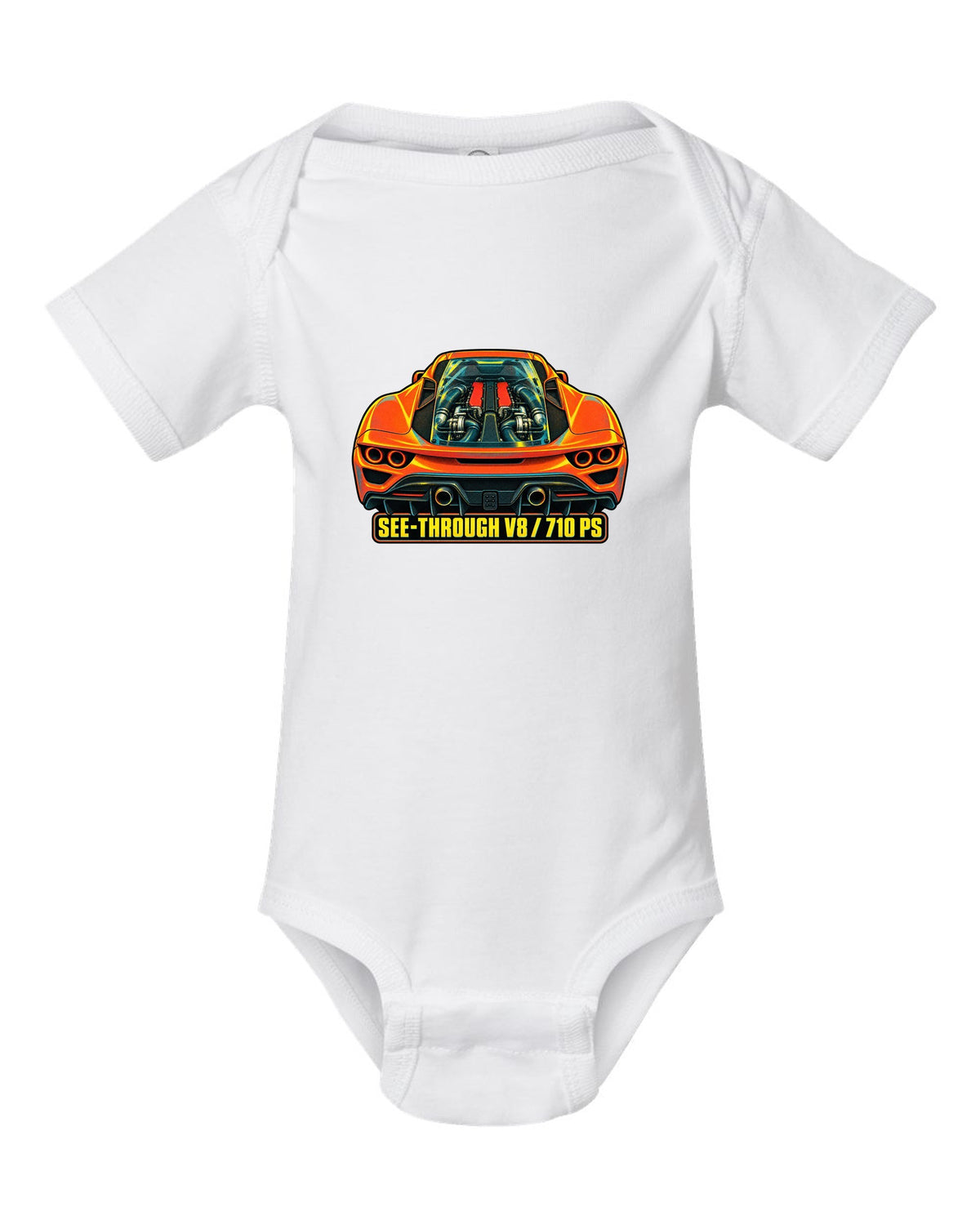 Risograph style print of the Ferrari F8 Tributo transparent engine cover and V8 white baby onesie front view with the design
