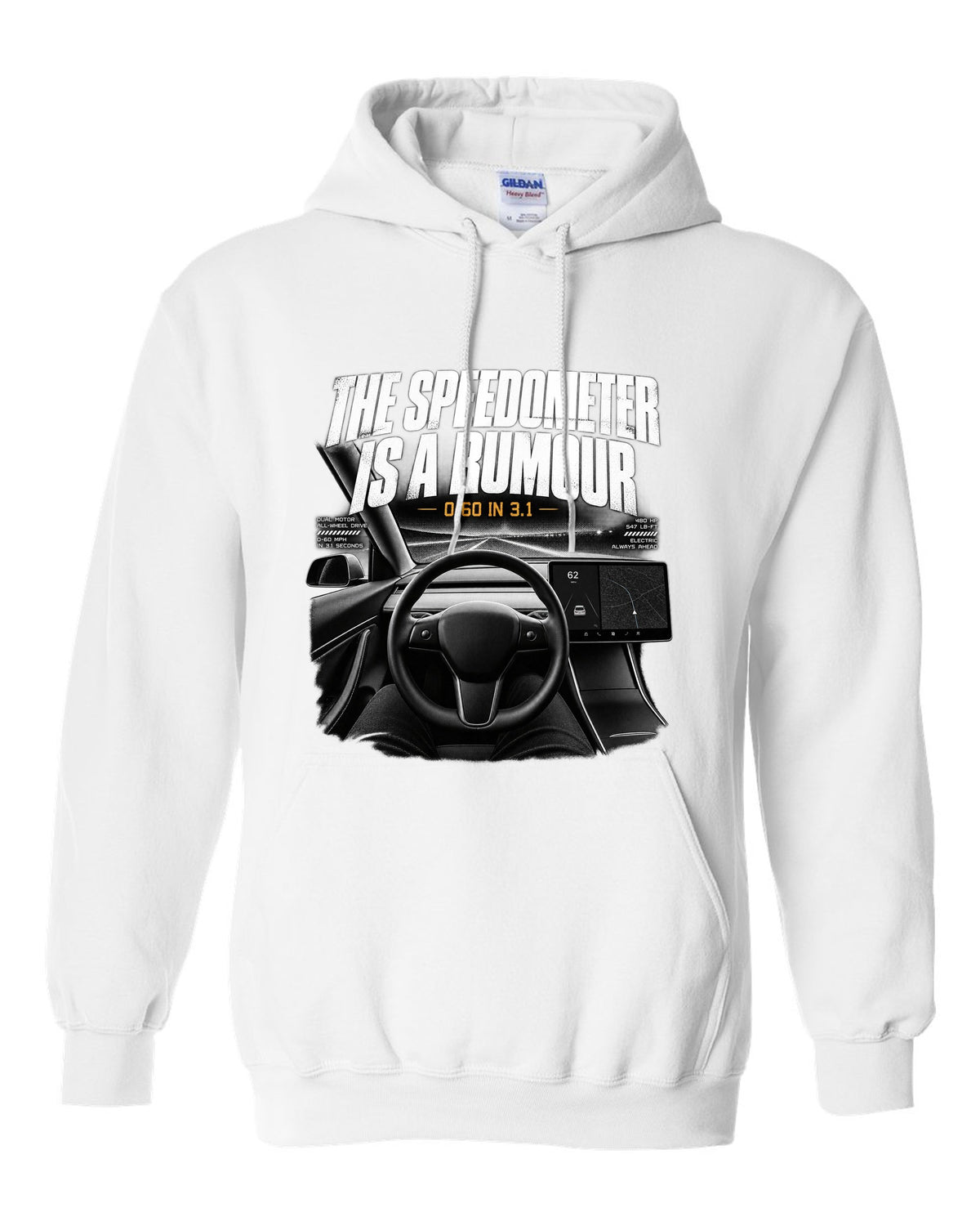 Tesla Model 3 landscape screen interior graphic with the line the speedometer is a rumour, 0-60 in 3.1 white pull over hoodie front view with the design