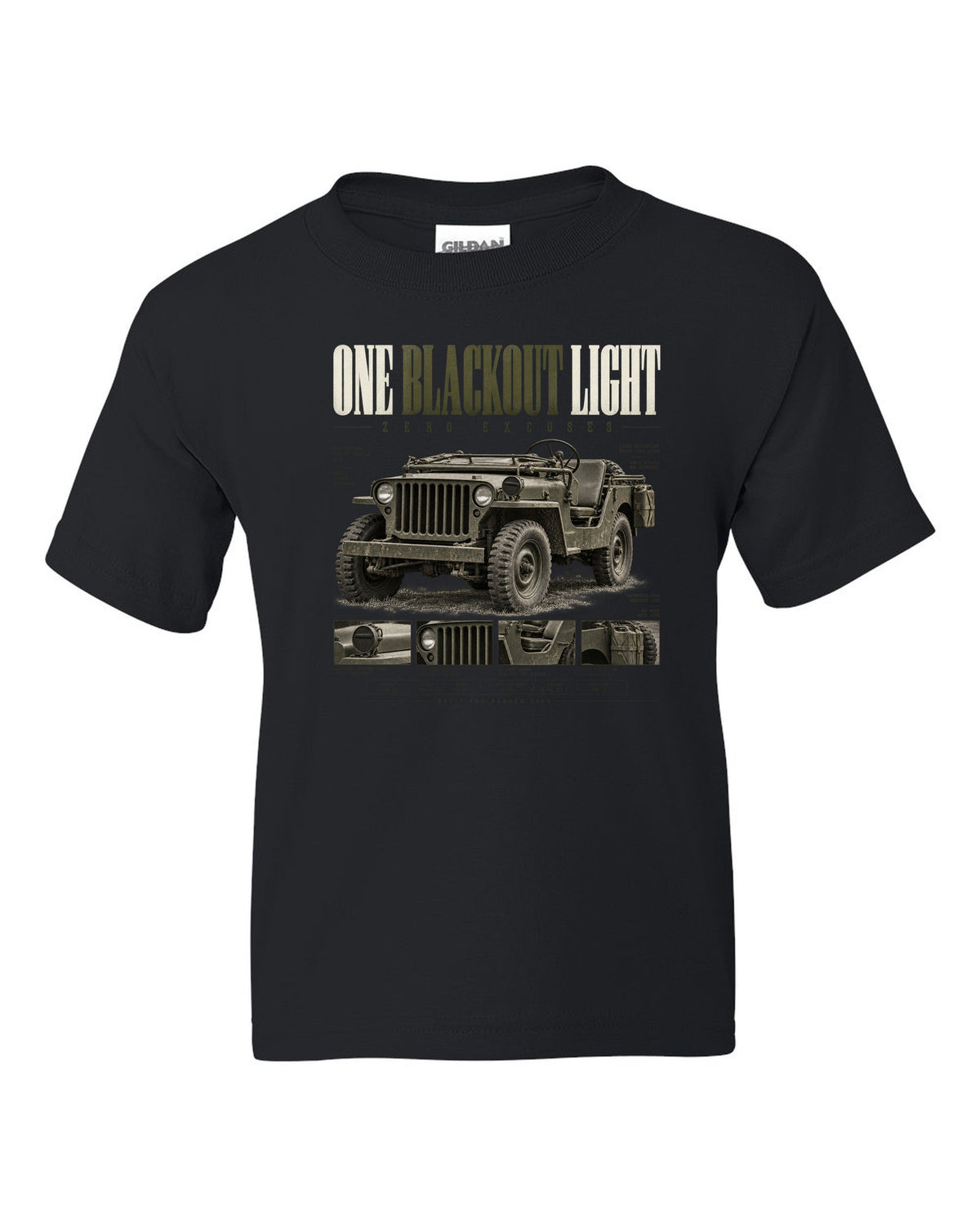 Editorial headline print for the Willys MB blackout light, 1941-1945 black kids tee front view with the design