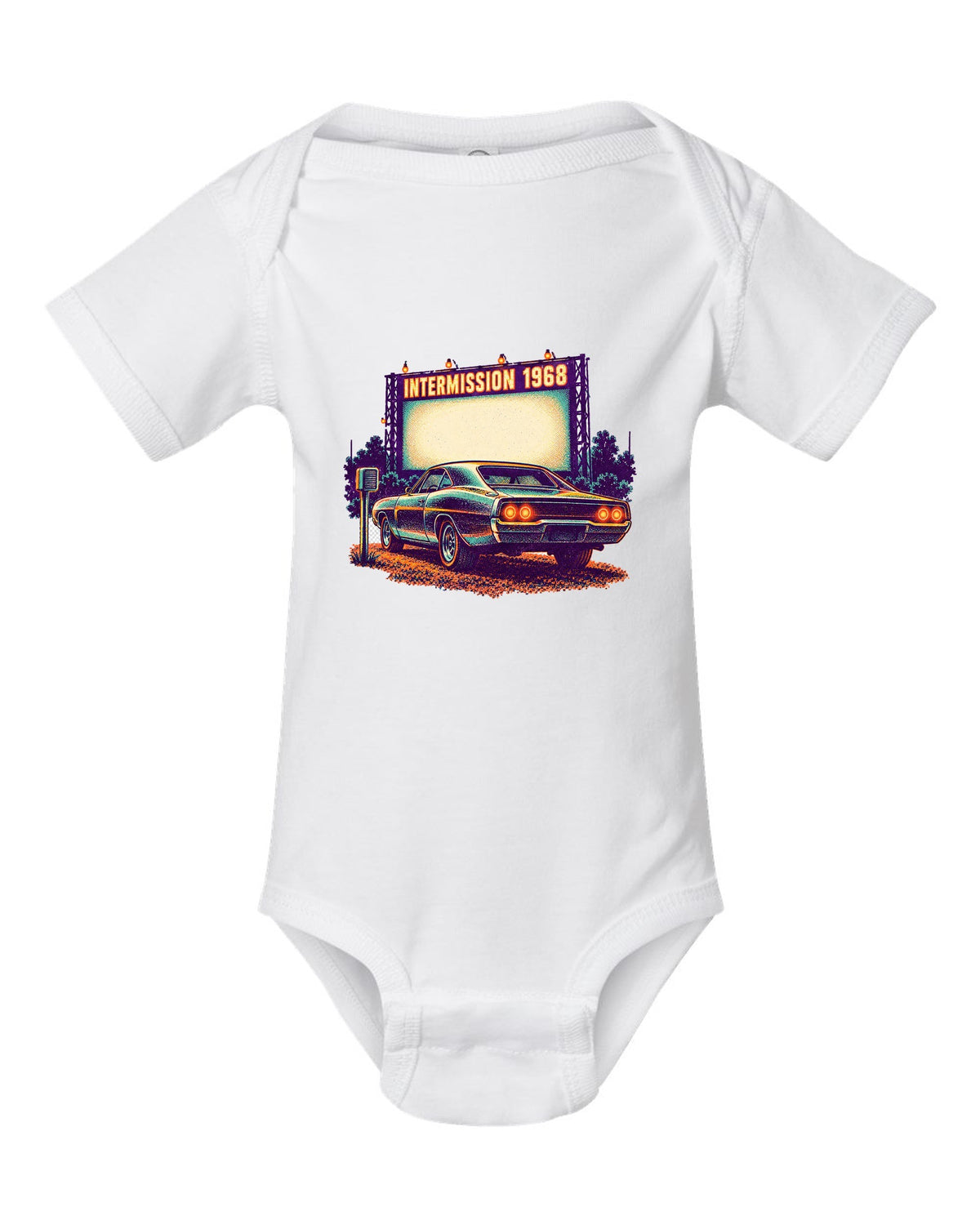 Risograph spot colour drive-in scene with a 1968 Dodge Charger R/T and INTERMISSION text white baby onesie front view with the design