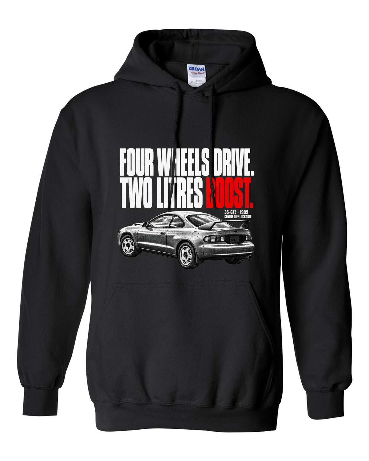 Halftone print of a Toyota Celica GT-Four ST185 with 3S-GTE and centre diff text black pull over hoodie front view with the design