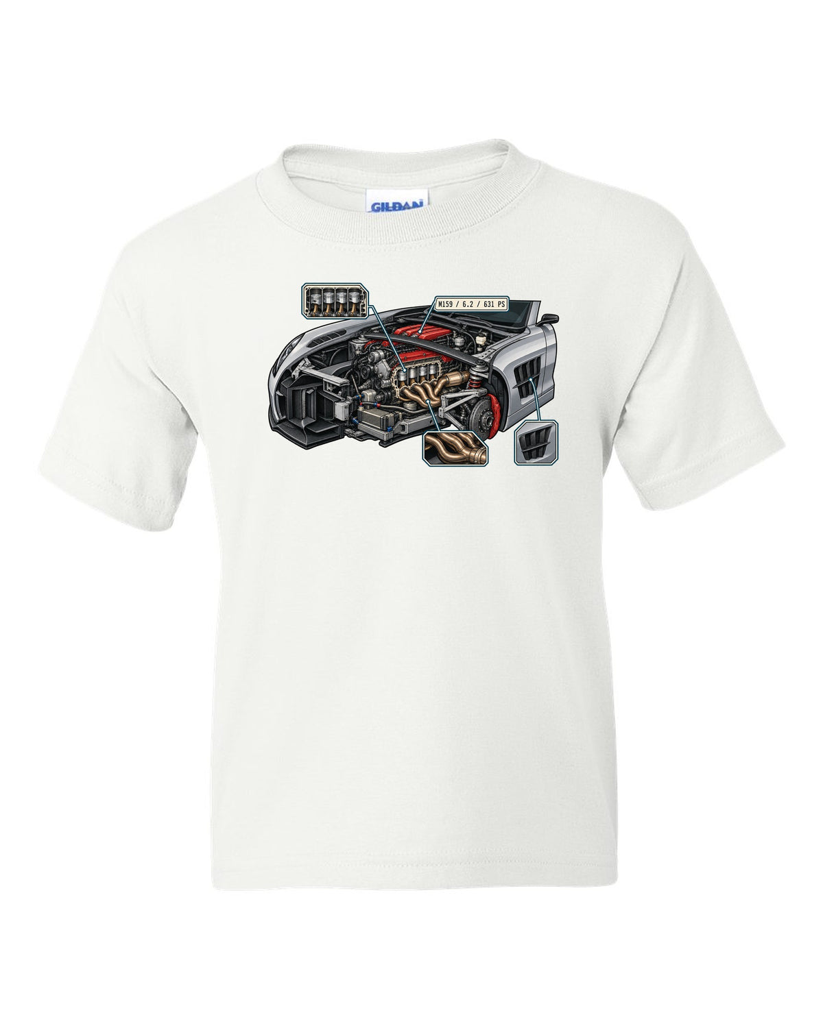 Technical blueprint line art of a Mercedes G-Class W463 with 2,850 mm note, print white kids tee front view with the design