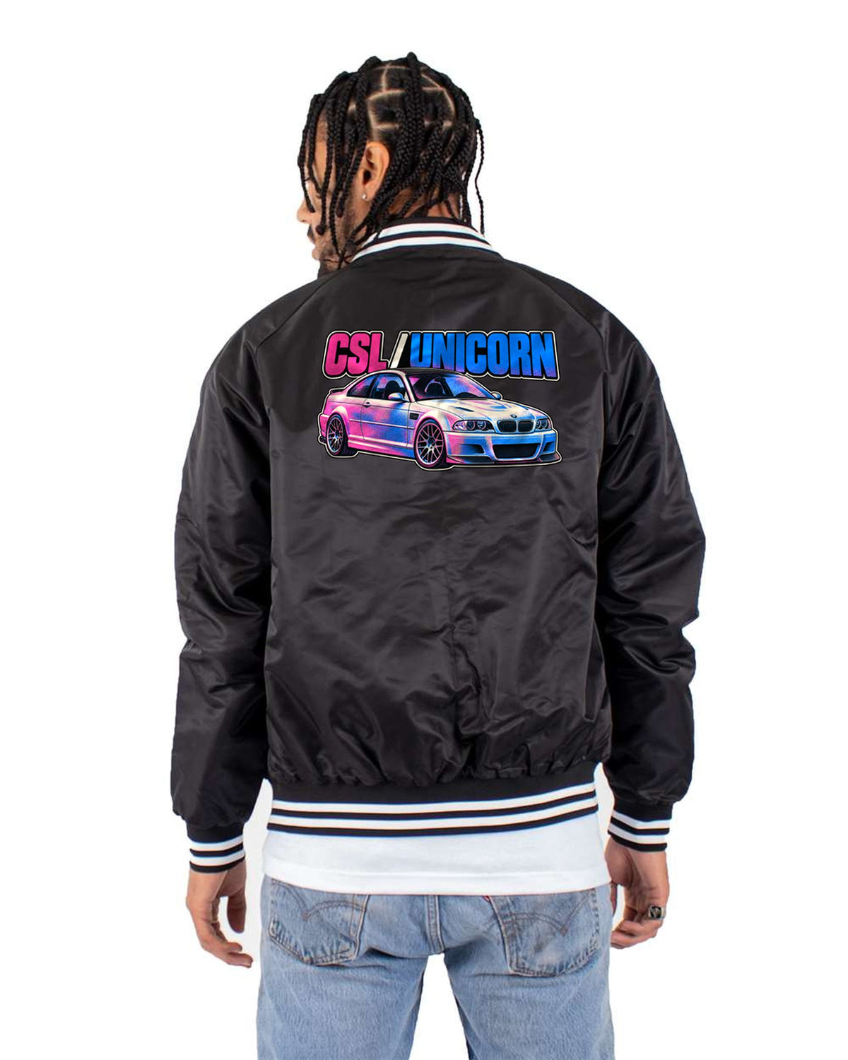 BMW E46 M3 CSL Risograph Shirt, Unicorn Car Gift Bomber Jacket Black back