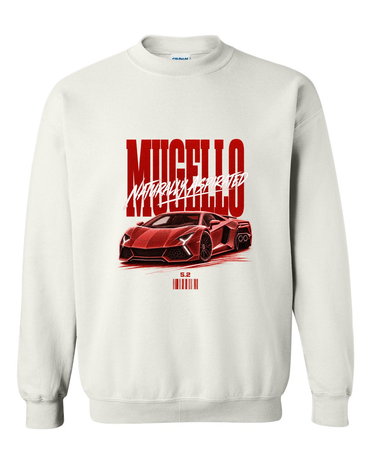 Street poster print of a Lamborghini Huracan Tecnica LP640-2 with Mugello and Naturally Aspirated text white crewneck front view with the design