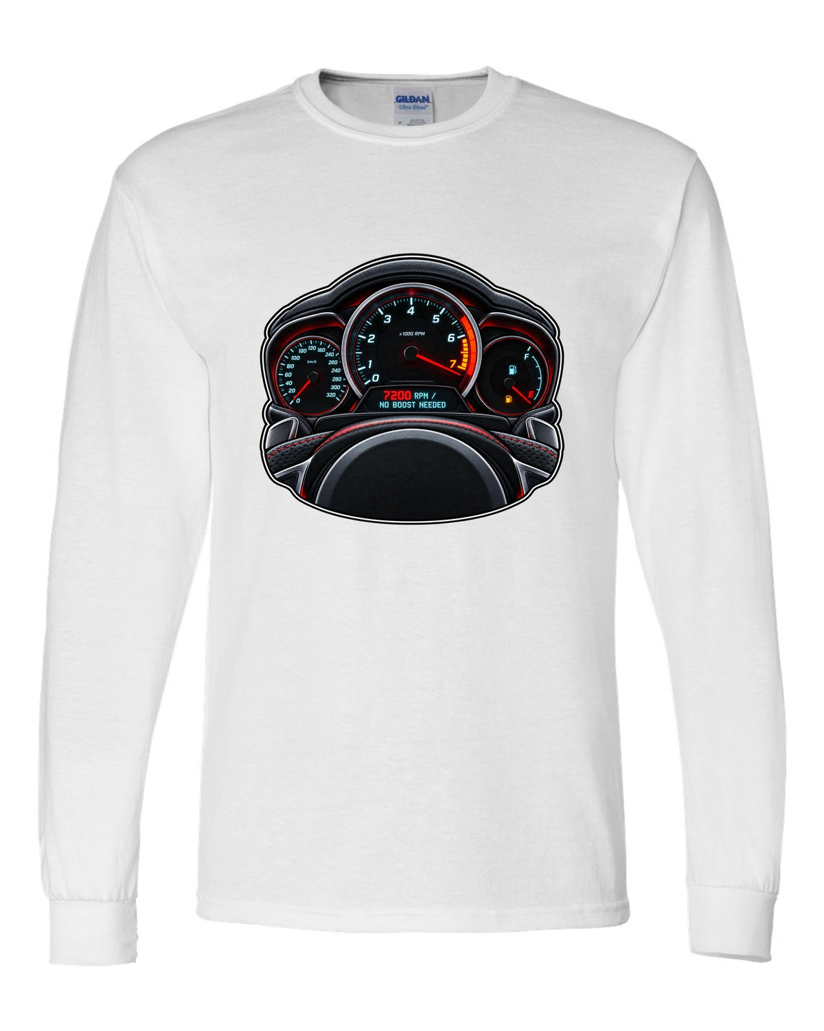 Gauge-cluster HUD print for a Mercedes C63 AMG W204 with 7200 RPM white long sleeve front view with the design