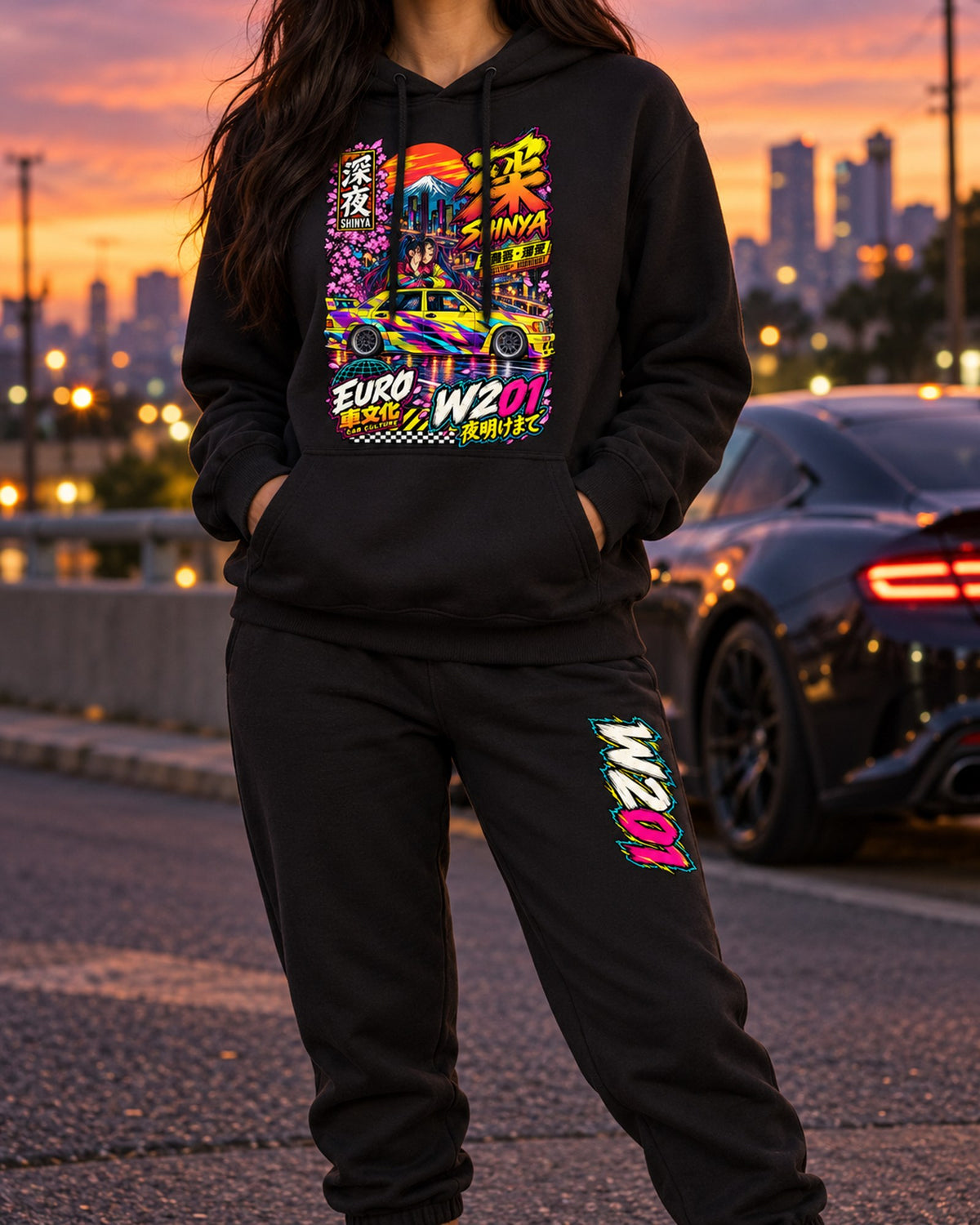 W201 Shinya Anime Girl Poster Hoodie + Jogger Set Black worn hero