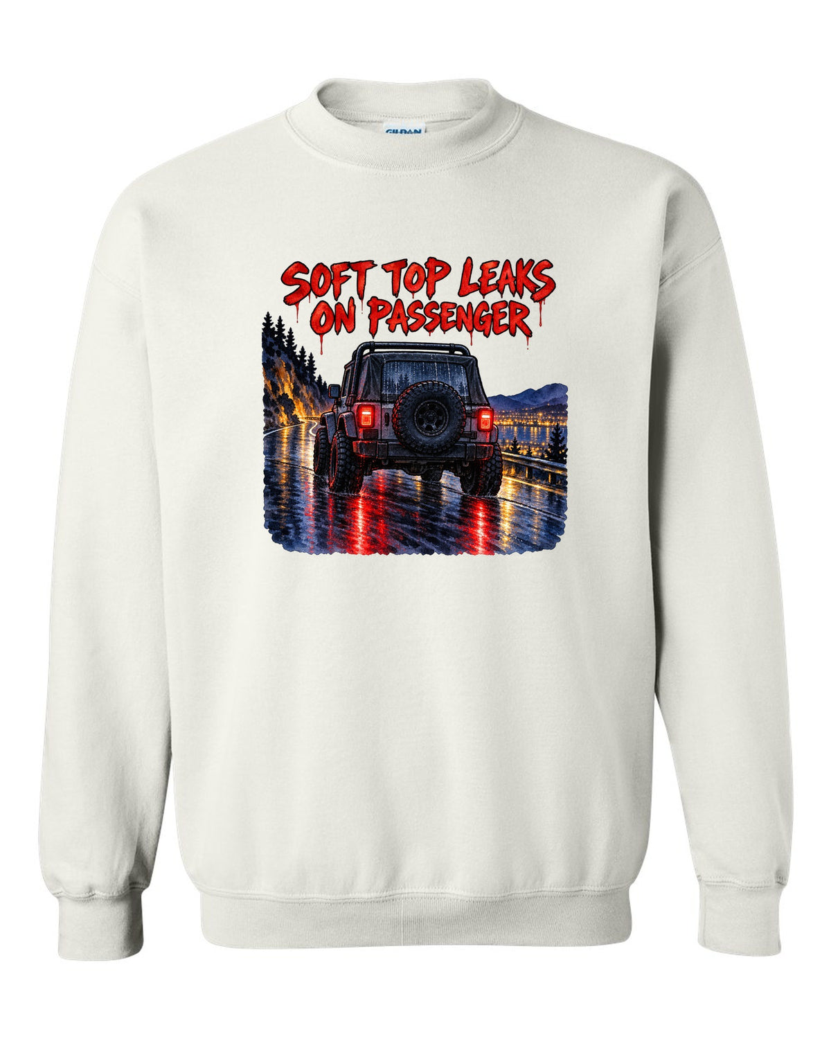 Watercolour wet-road night print of a Jeep Wrangler YJ taillights with soft top text white crewneck front view with the design
