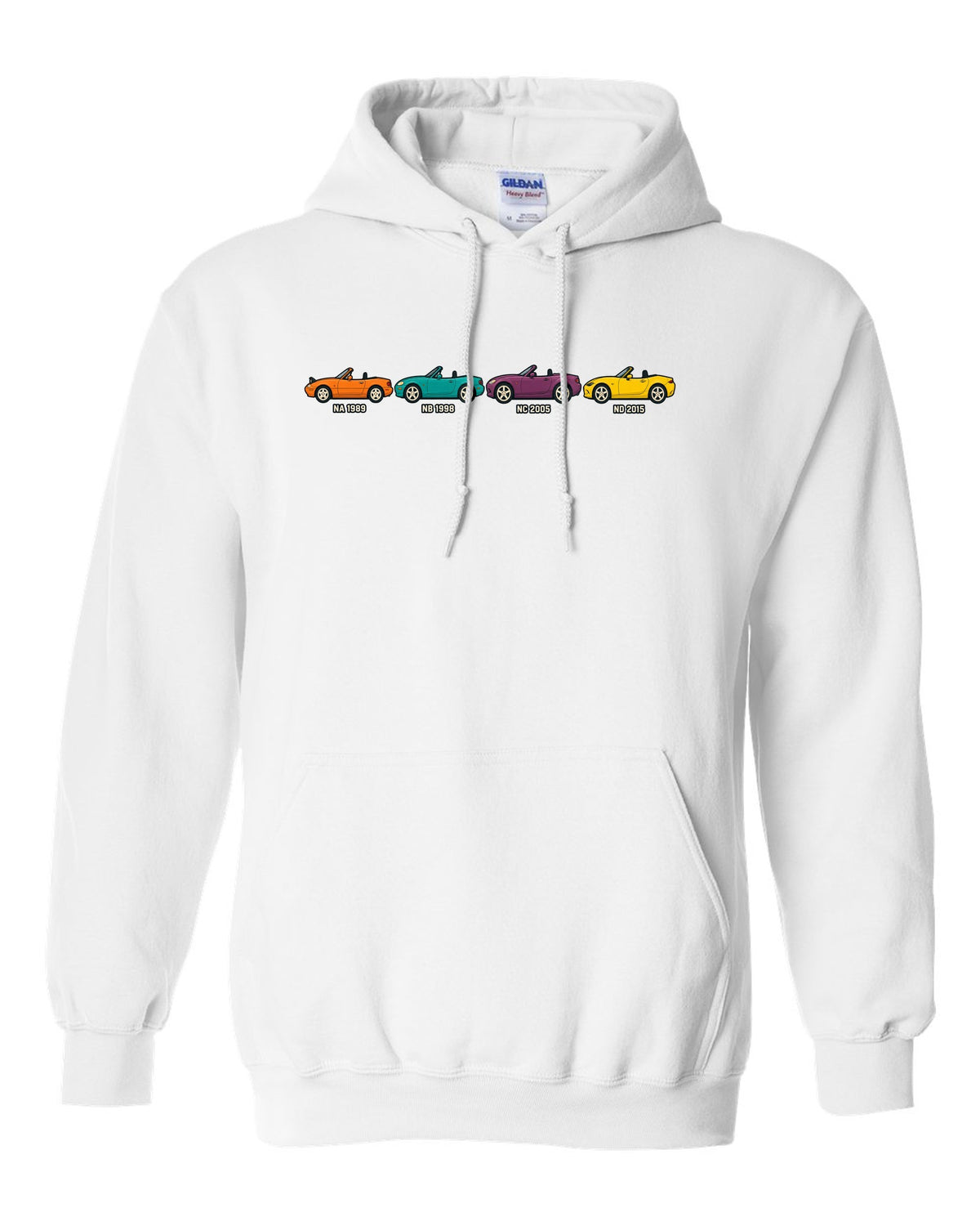 Ukiyo-e woodblock print of a Mazda MX-5 NA roadster taking a hairpin corner white pull over hoodie front view with the design