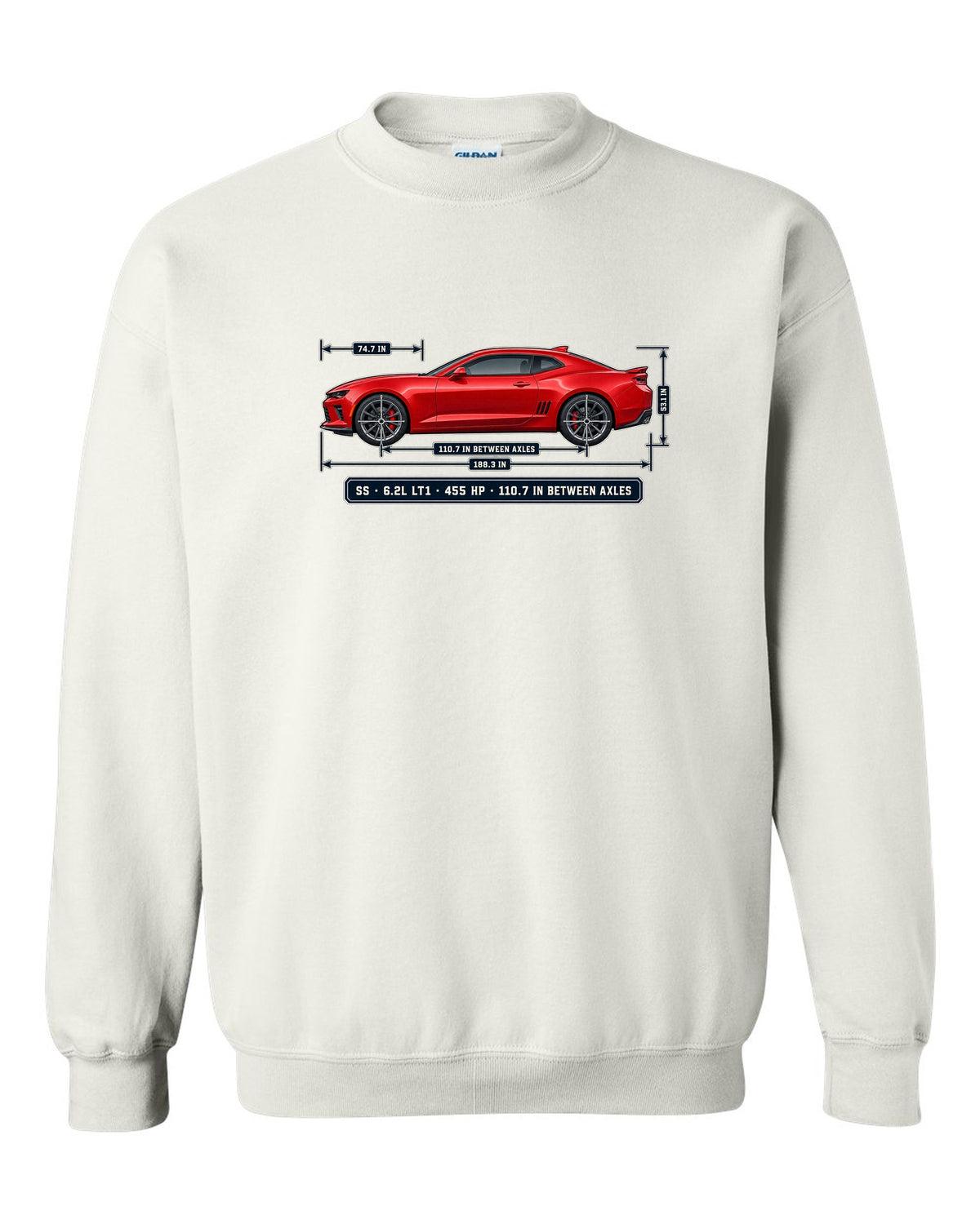 Dimension blueprint print of a 6th generation Chevrolet Camaro SS coupe white crewneck front view with the design